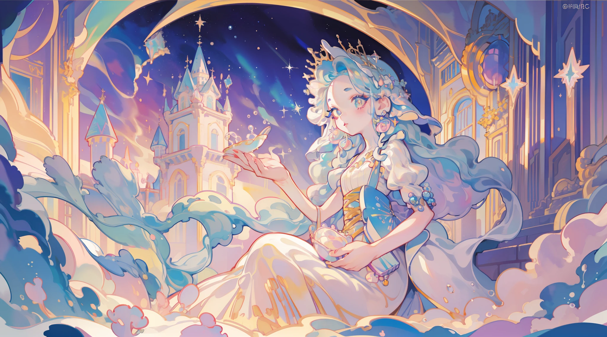 masterpiece, best quality, 8k resolution, sharp focus, intricate detail, beautiful girl, sparkling eyes, golden ratio face, otherworldly liquid, watercolor, ((pastel colors)), bright colors, whimsical, colorful, sharp focus, high resolution, fine detail, princess fantasy ballgown, ((round eyes)), iridescent bubbles, castle landscape in background
