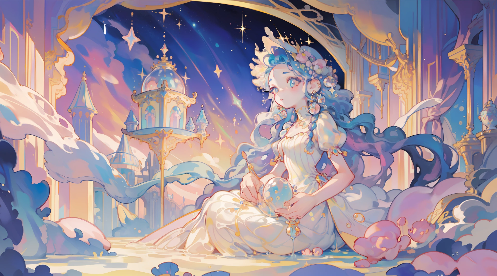 masterpiece, best quality, 8k resolution, sharp focus, intricate detail, beautiful girl, sparkling eyes, golden ratio face, otherworldly liquid, watercolor, ((pastel colors)), bright colors, whimsical, colorful, sharp focus, high resolution, fine detail, princess fantasy ballgown, ((round eyes)), iridescent bubbles, castle landscape in background
