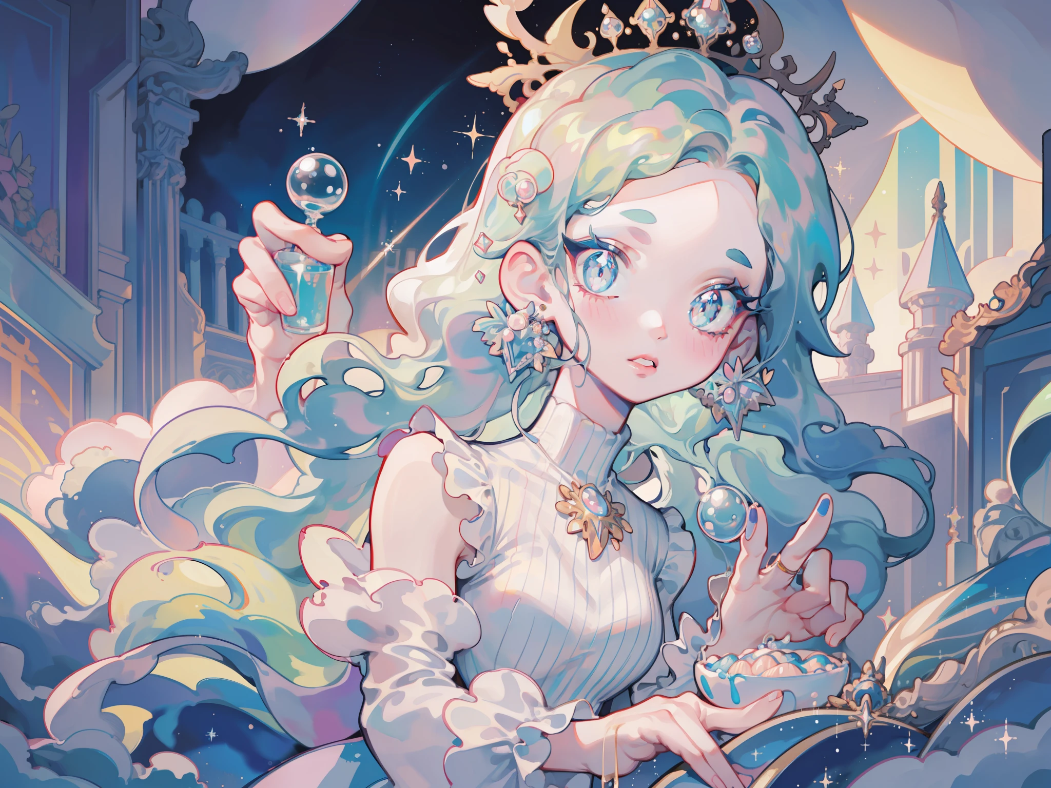 masterpiece, best quality, 8k resolution, sharp focus, intricate detail, beautiful girl, sparkling eyes, golden ratio face, otherworldly liquid, watercolor, ((pastel colors)), bright colors, whimsical, colorful, sharp focus, high resolution, fine detail, princess fantasy ballgown, ((round eyes)), iridescent bubbles, castle landscape in background