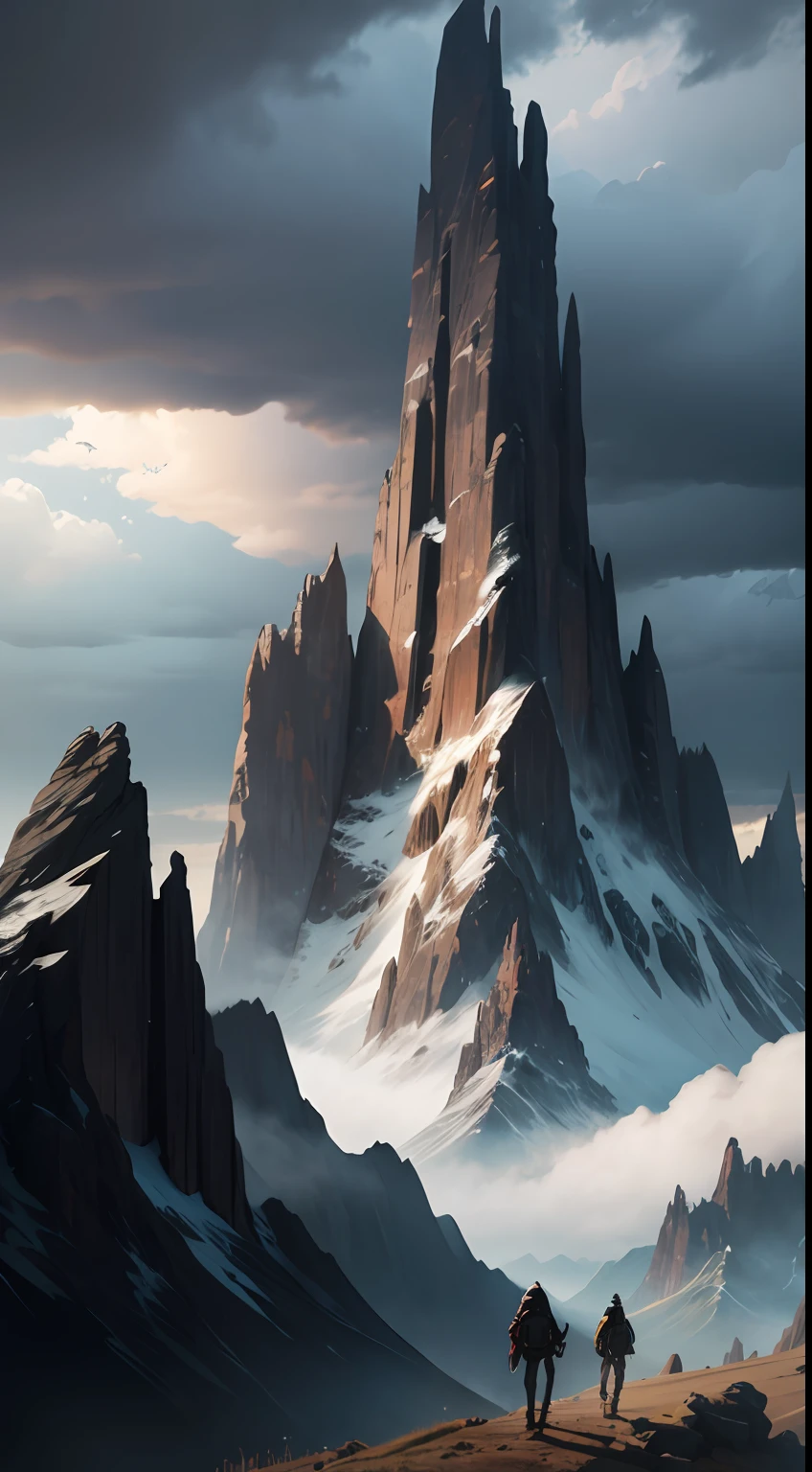 Distant mountains with dark clouds looming overhead with two hiker in fantasy art style --auto