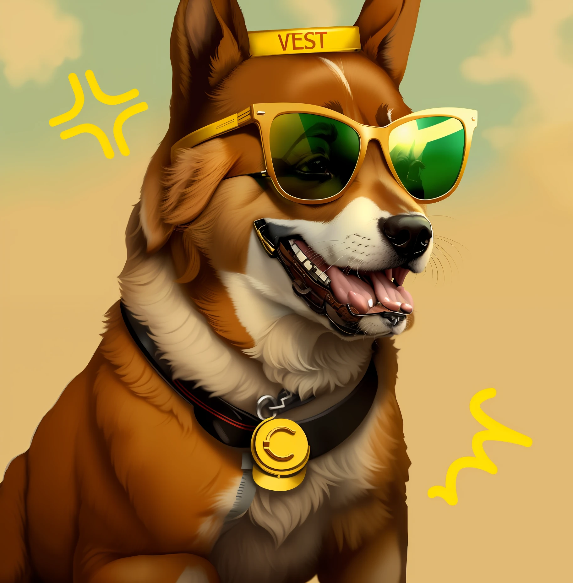 Cachorro usando coroa, sunglasses, colar com um pingente em forma com a letra C no centro, detalhes intrincados, highes definition