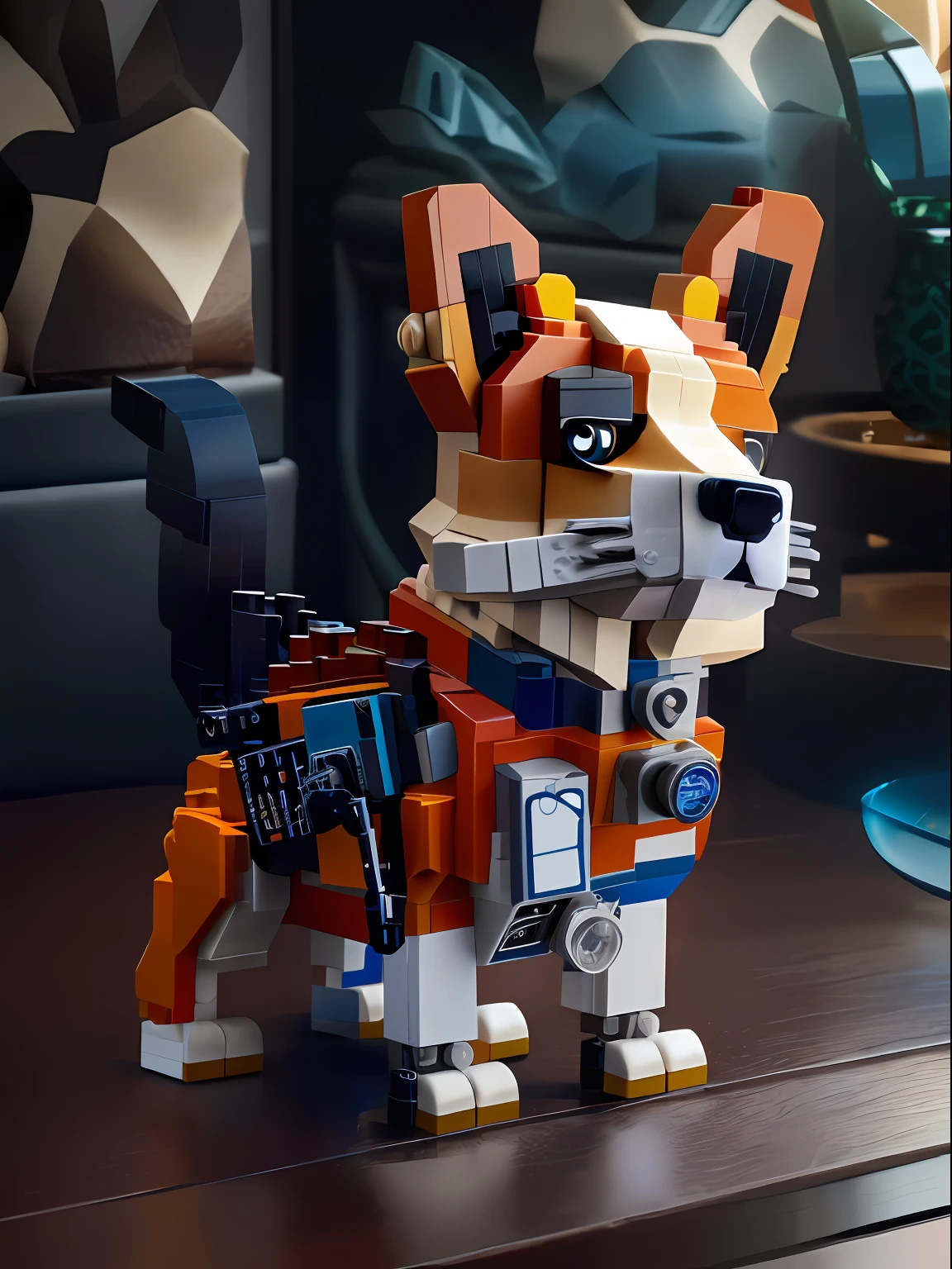 Lego dog sitting on table，The camera was in his mouth, legoshi from beastars, made of lego, beastars legoshi, very very highly detailed, very high detail, highly detailed toy, depicting a corgi made of fire, voxels art, corgi cosmonaut, extremly high detail, mega highly detailed, author：Emma Andievska