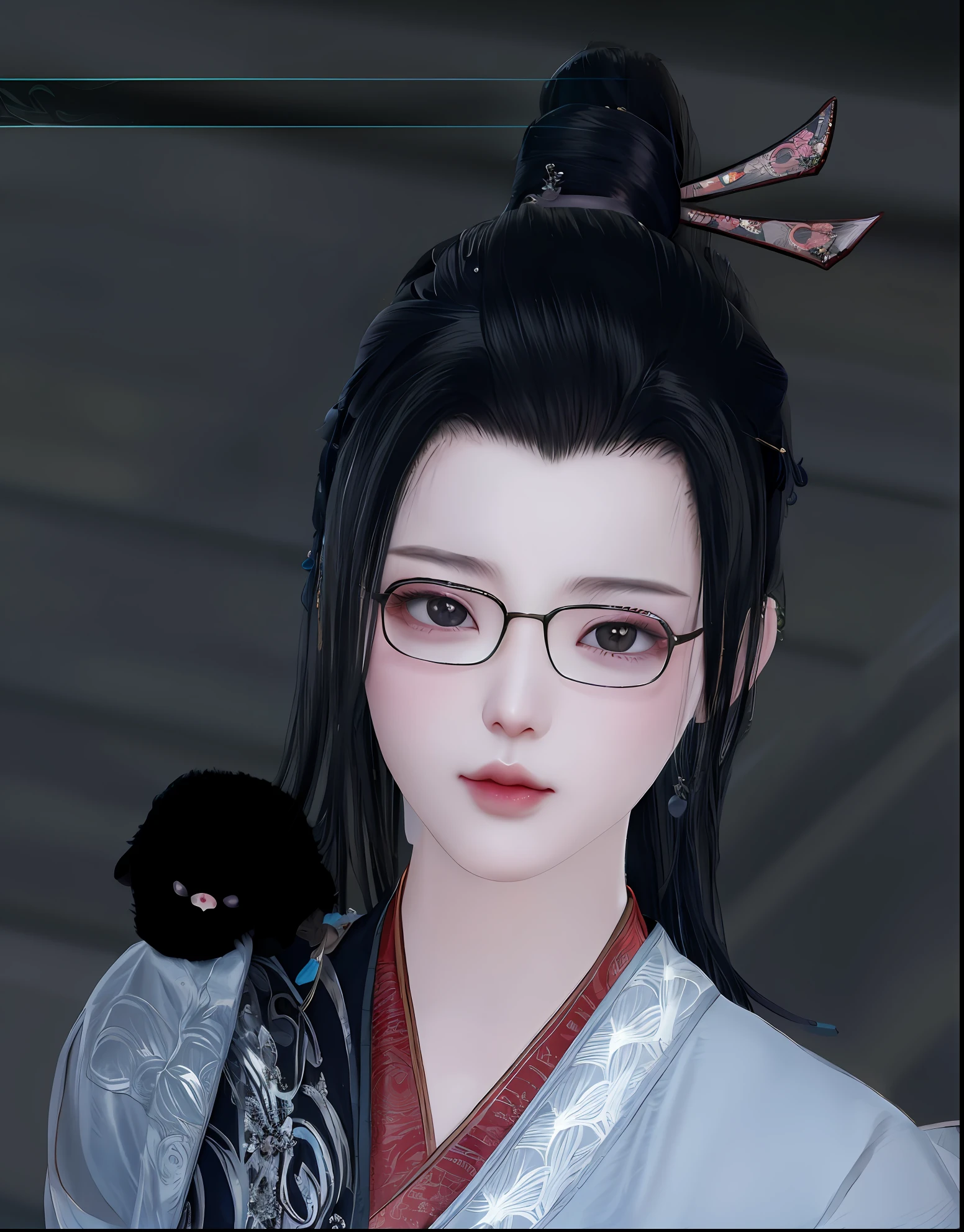 There was a woman with glasses,There is a black cat on the shoulder, inspired by Ma Yuanyu, inspired by Li Mei-shu, onmyoji portrait, inspired by Lü Ji, heise jinyao, Guviz, inspired by Sim Sa-jeong, Inspired by Seki Dosheng, Palace , A girl in Hanfu, close up character