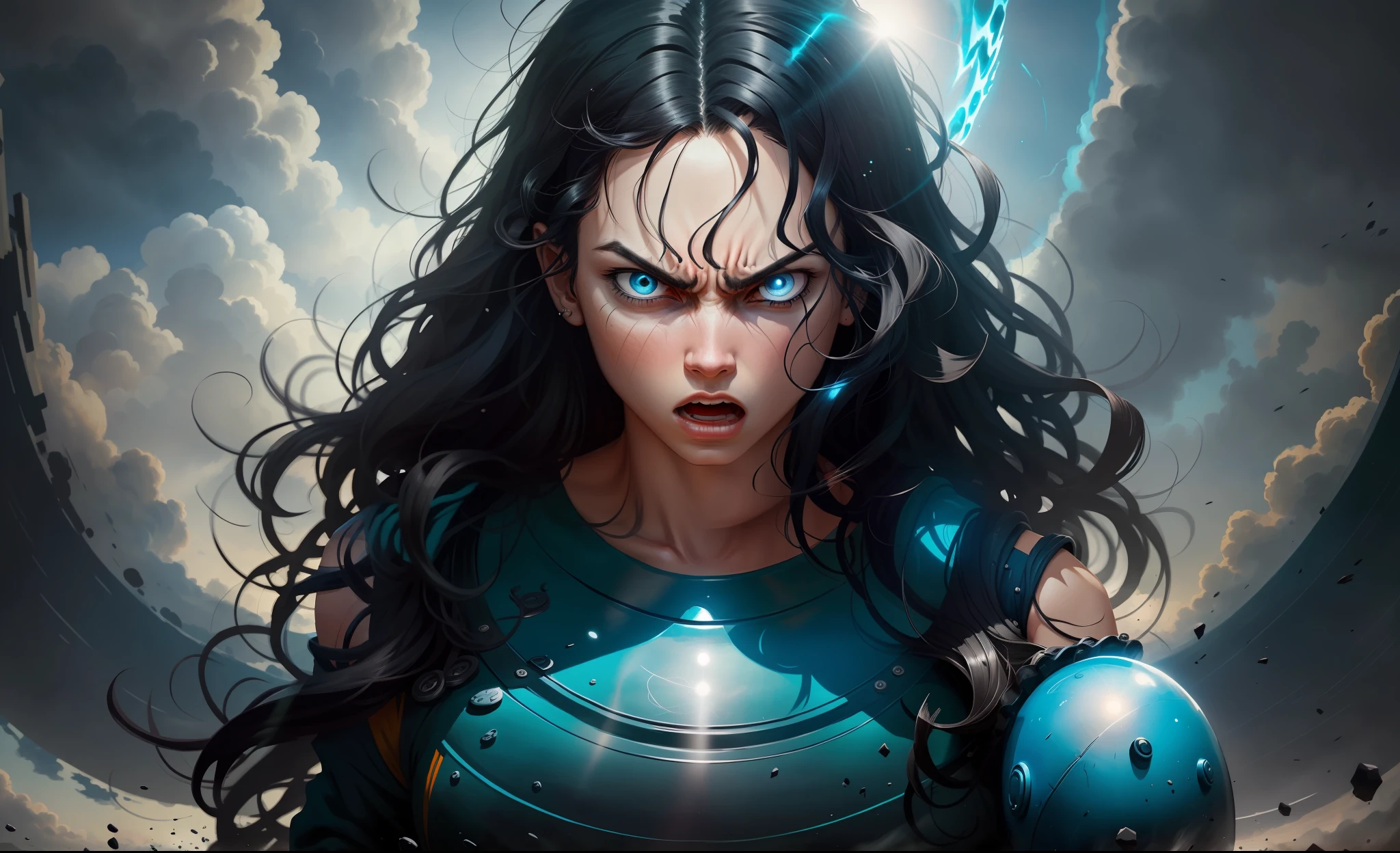 (amazing quality, masterpiece), cartoon, character exuding anger, intense expression, wavy black hair, piercing blue eyes, mid-plane, backlight, strong shadow, dramatic backdrop.