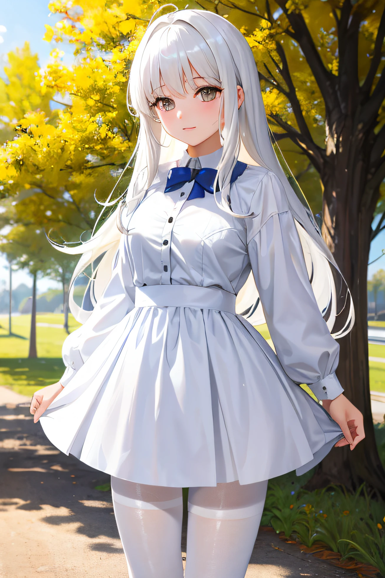 masterpiece,best quality,1girl,cowboy sh .long sleeves,white hair,bangs,pantyhose,trees,spill,outdoors,