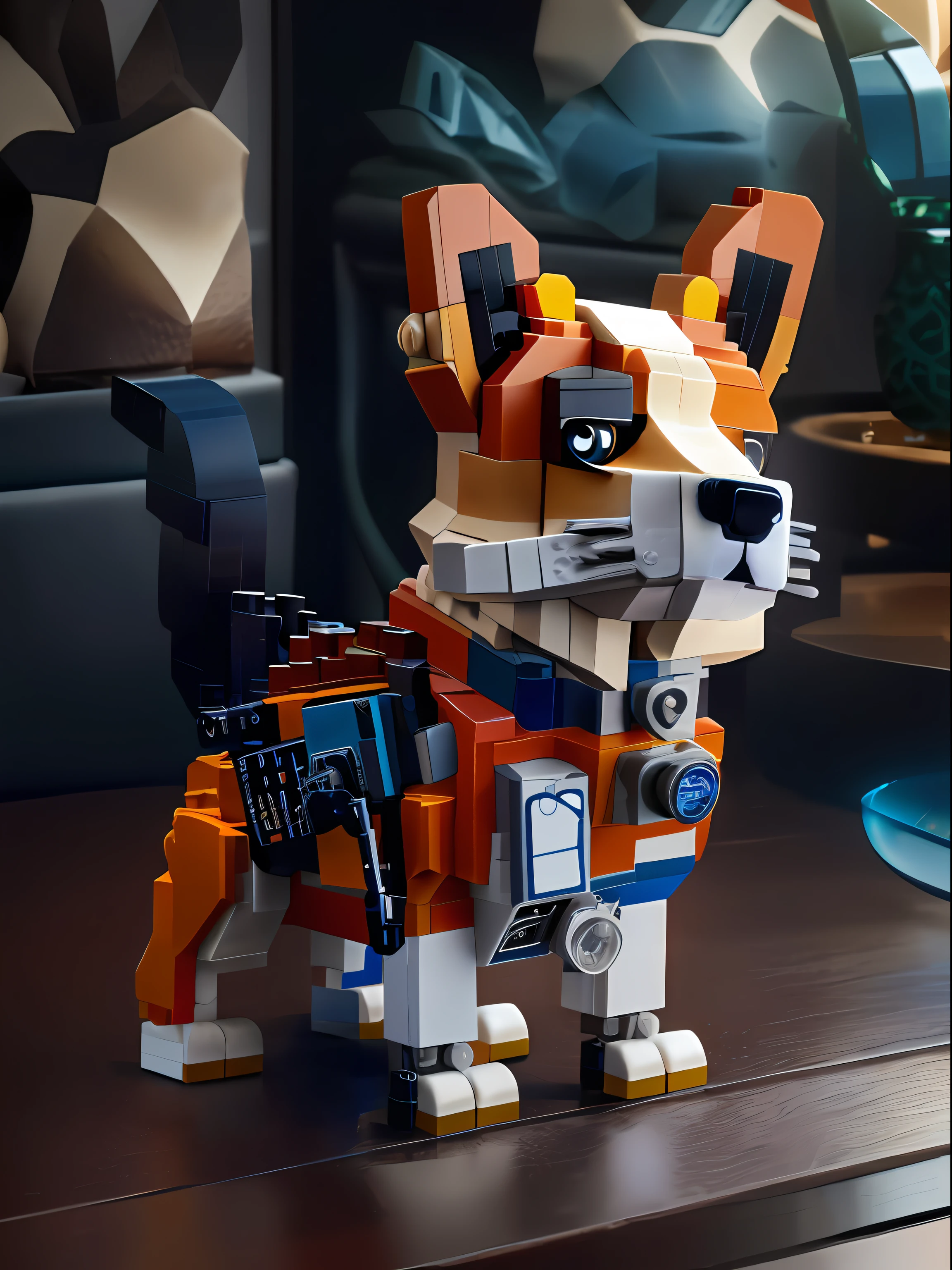 Lego dog sitting on table,The camera was in his mouth, legoshi from beastars, made of lego, beastars legoshi, very very highly detailed, very high detail, highly detailed toy, depicting a corgi made of fire, voxels art, corgi cosmonaut, extremly high detail, mega highly detailed, author:Emma Andievska