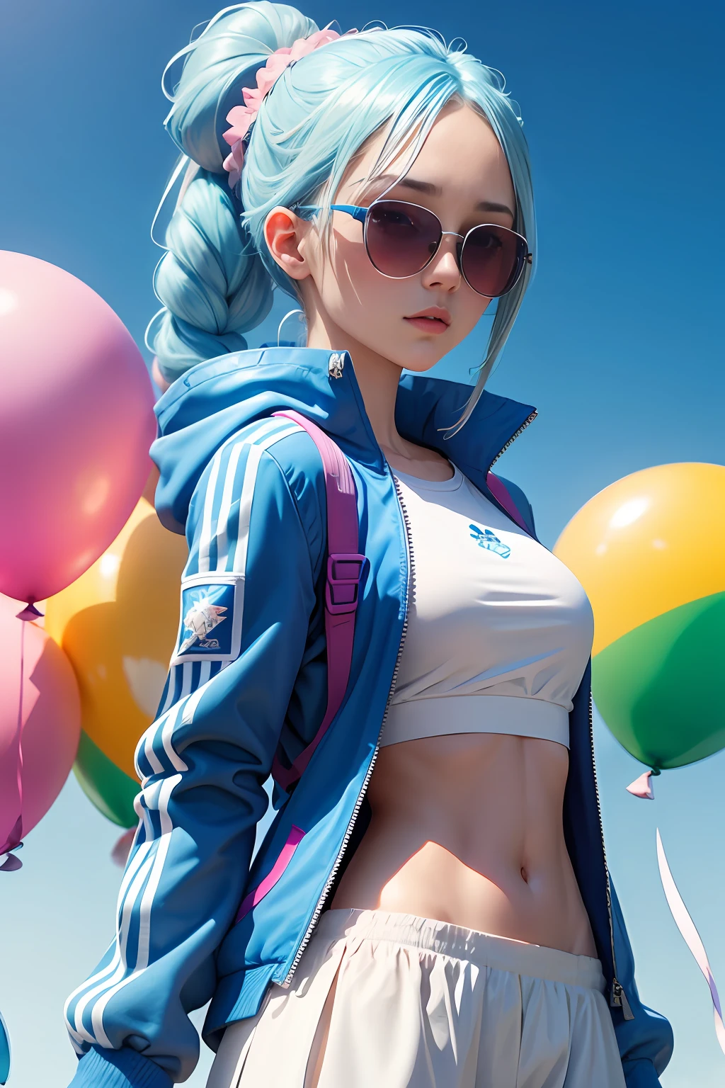 Royal sister style，Nice sensibility，Wearing pink sunglasses，Klein blue jacket，White sweatshirt，Lots of colorful balloons，Melon seed face，Klein blue hair，Ponytail braided hair，perfectdetaileyes，Delicate face，perfectcg，high-definition picture quality，Colorful balloons，Skysky，The background is a clean, solid color background，Klein blue background