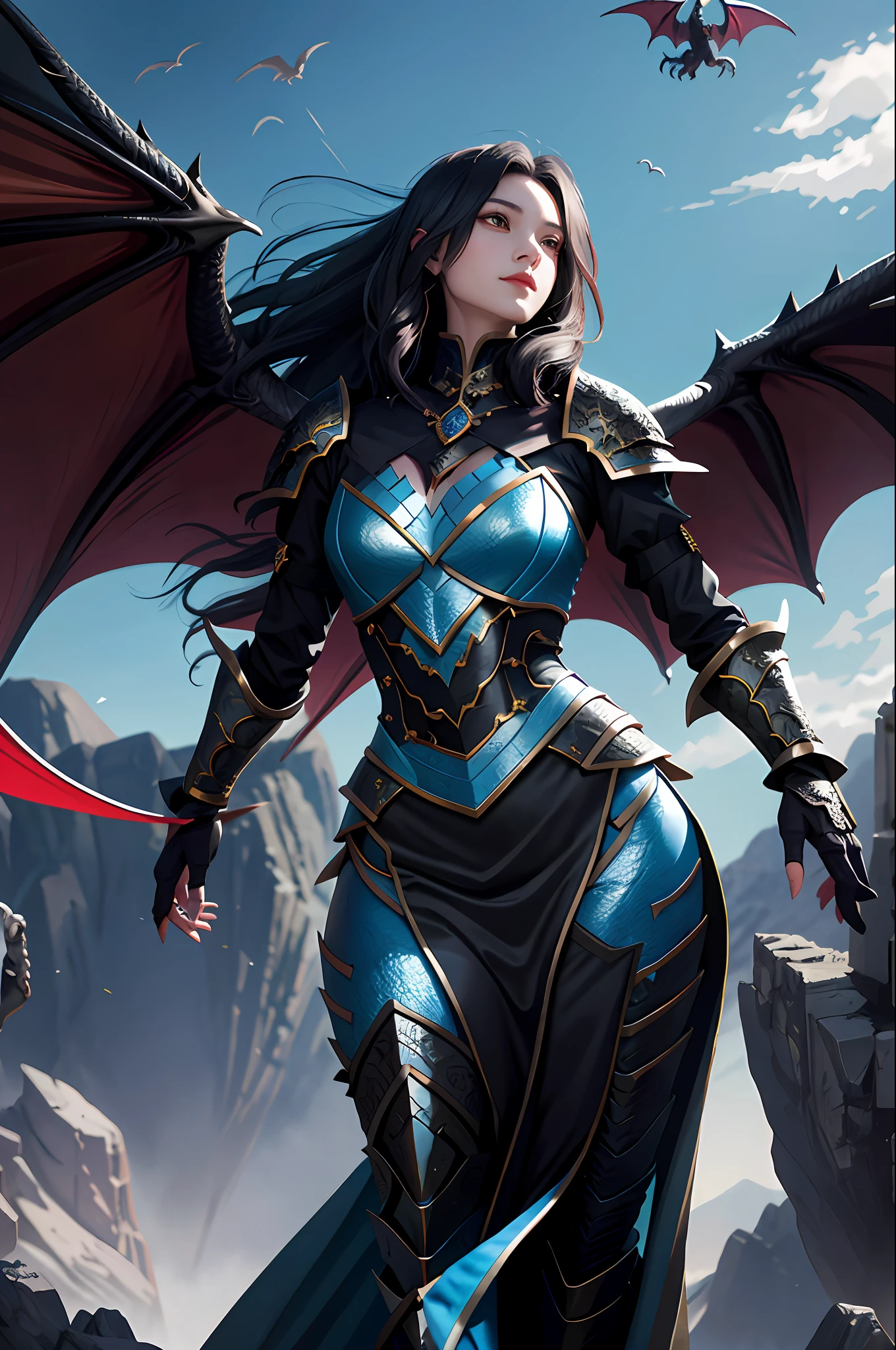 tmasterpiece,Best quality,Dragon Knight,brightly,Woman 2/3 sideways,Behind it, The western black dragon spreads its wings and flies high,Magic background