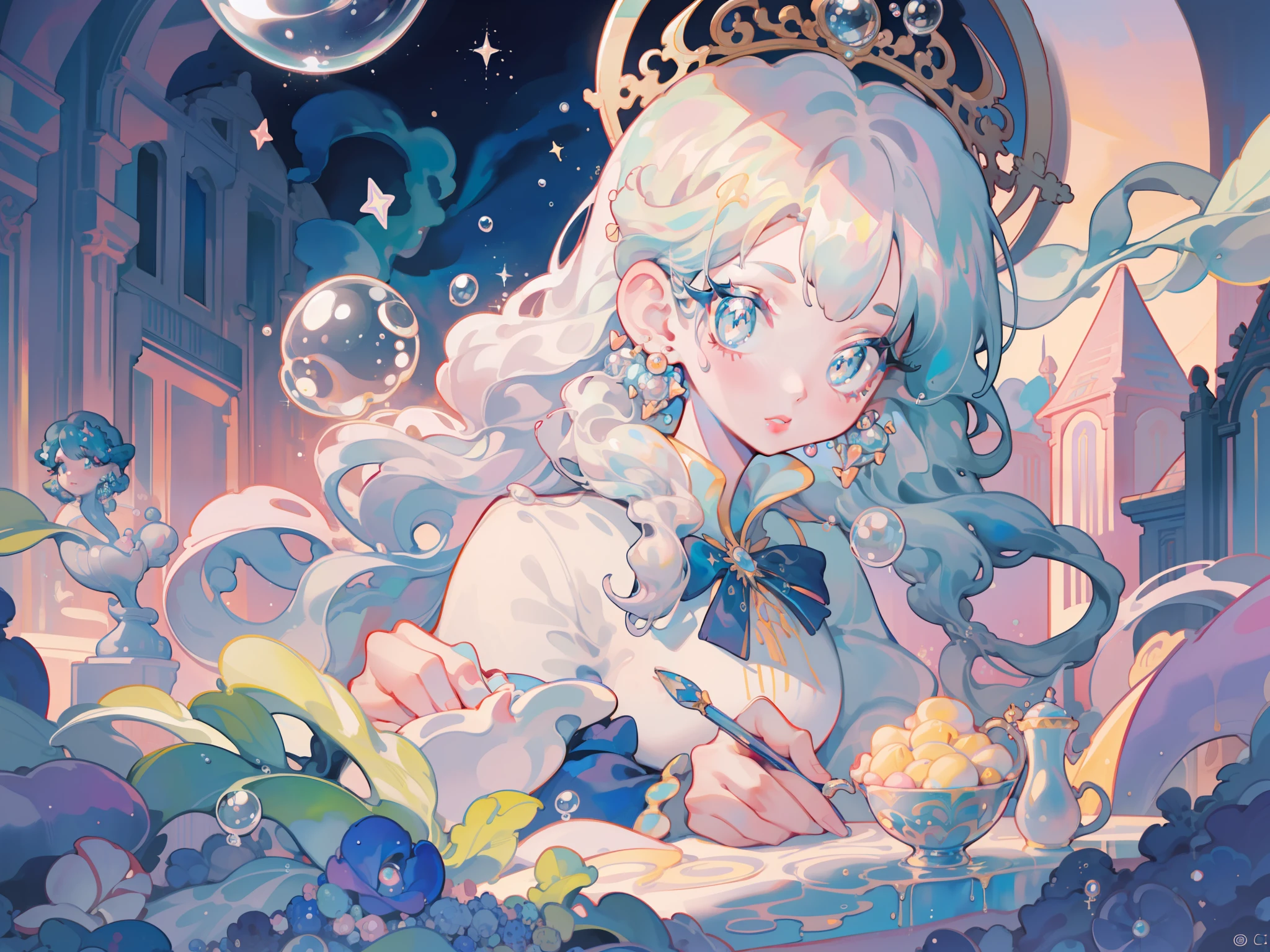 masterpiece, best quality, 8k resolution, sharp focus, intricate detail, beautiful girl, sparkling eyes, golden ratio face, otherworldly liquid, watercolor, ((pastel colors)), bright colors, whimsical, colorful, sharp focus, high resolution, fine detail, princess fantasy ballgown, ((round eyes)), iridescent bubbles, castle landscape in background