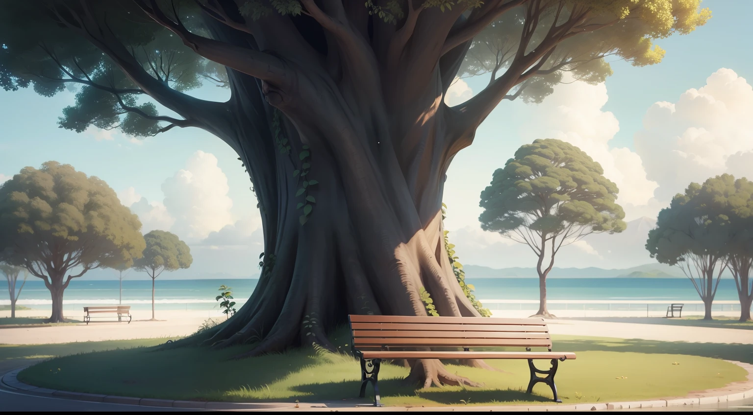 cinario, bench, arvores em volta