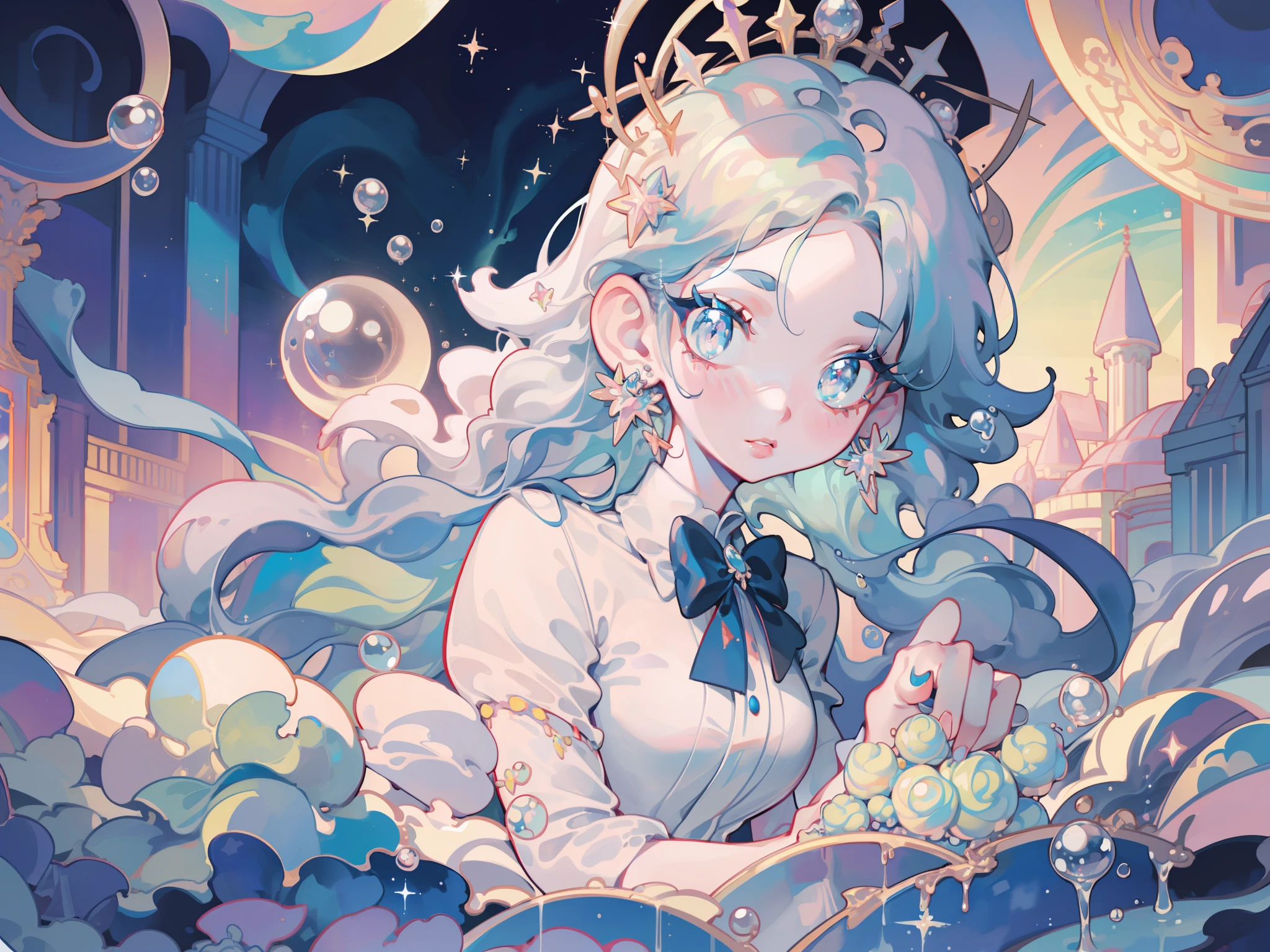 masterpiece, best quality, 8k resolution, sharp focus, intricate detail, beautiful girl, sparkling eyes, golden ratio face, otherworldly liquid, watercolor, ((pastel colors)), bright colors, whimsical, colorful, sharp focus, high resolution, fine detail, princess fantasy ballgown, ((round eyes)), iridescent bubbles, castle landscape in background