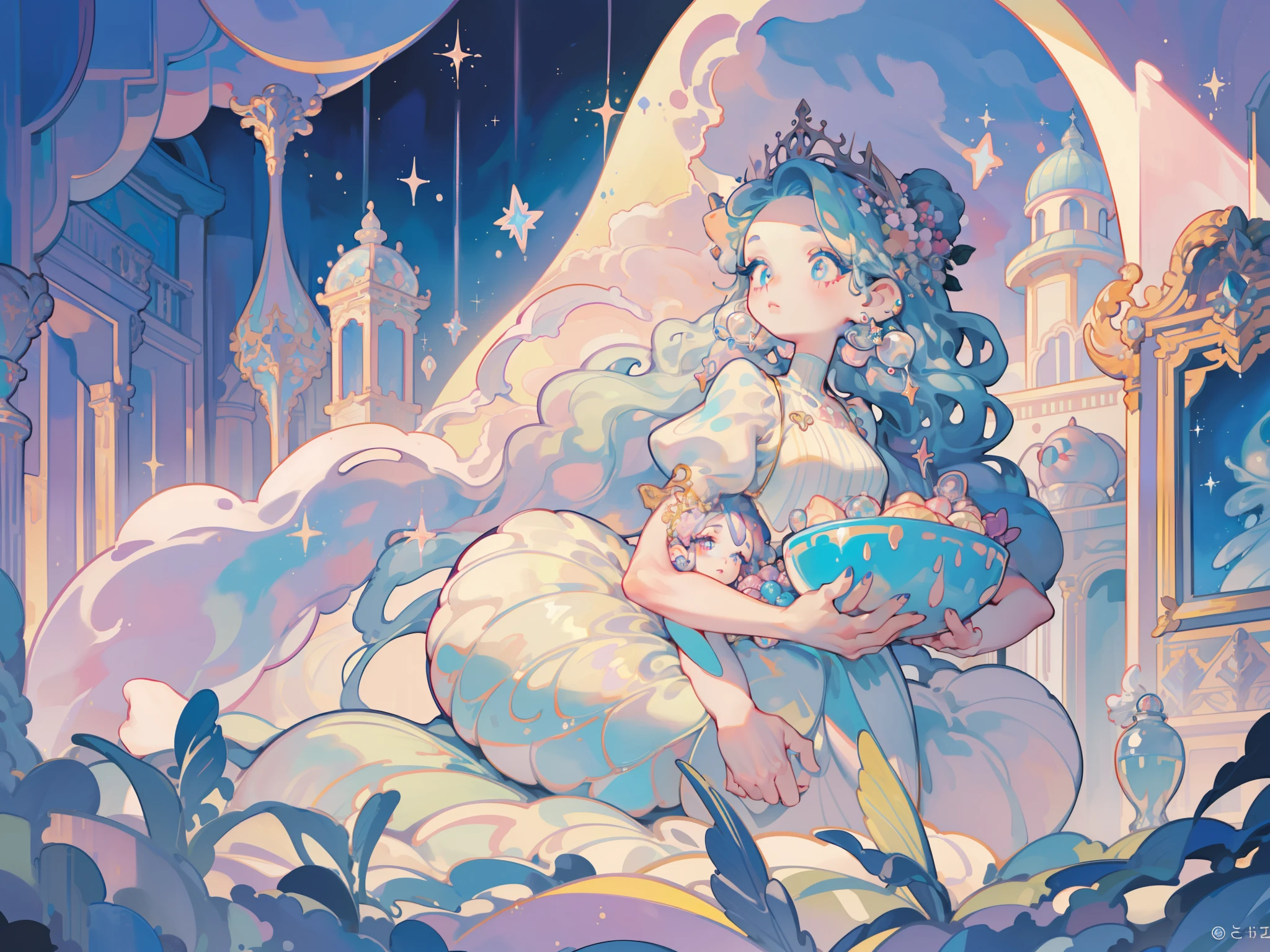 masterpiece, best quality, 8k resolution, sharp focus, intricate detail, beautiful girl, sparkling eyes, golden ratio face, otherworldly liquid, watercolor, ((pastel colors)), bright colors, whimsical, colorful, sharp focus, high resolution, fine detail, princess fantasy ballgown, ((round eyes)), iridescent bubbles, castle landscape in background, (portrait)