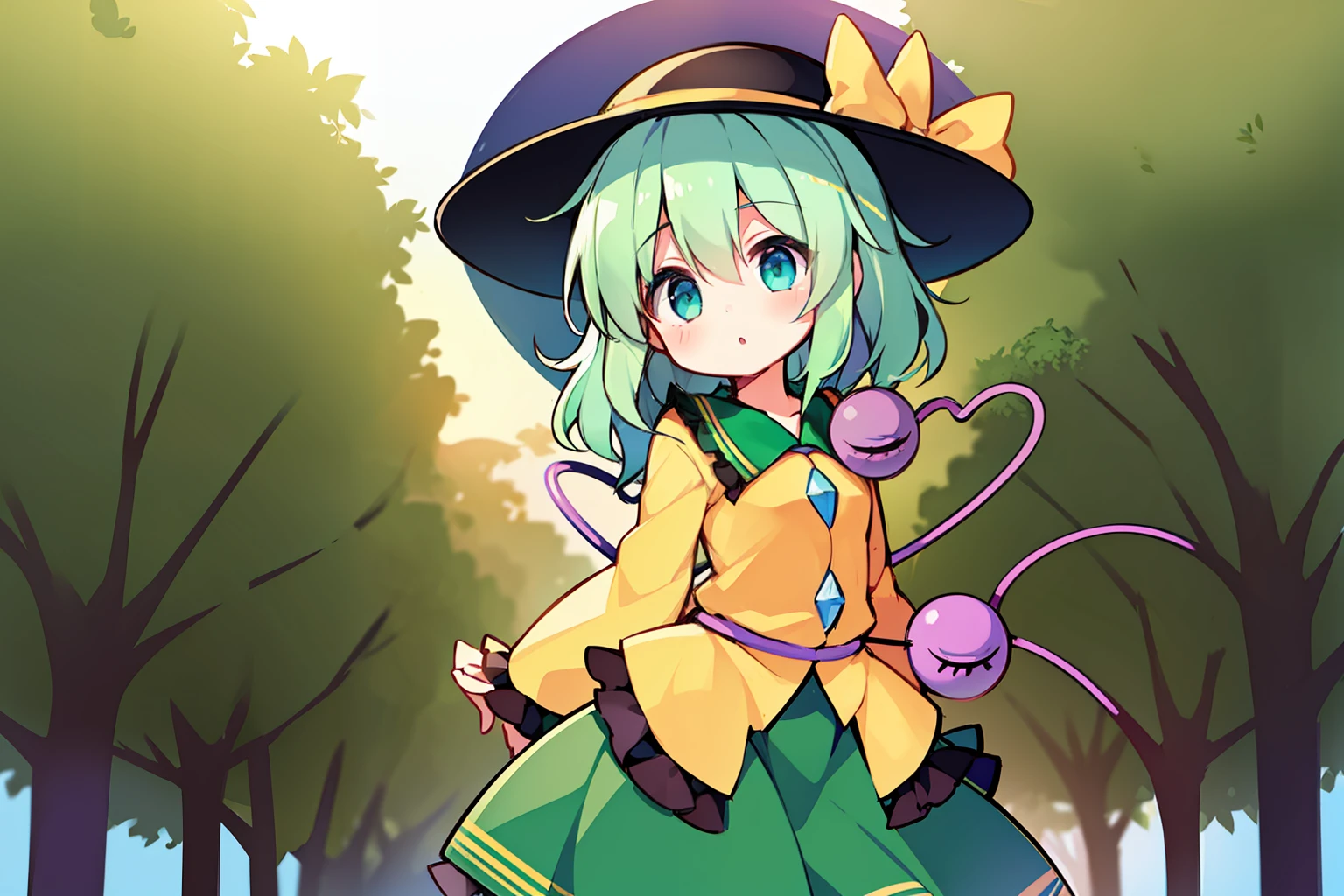 1 girl、(komeiji koishi)、gradient_Background,is standing、Chest to head、a park