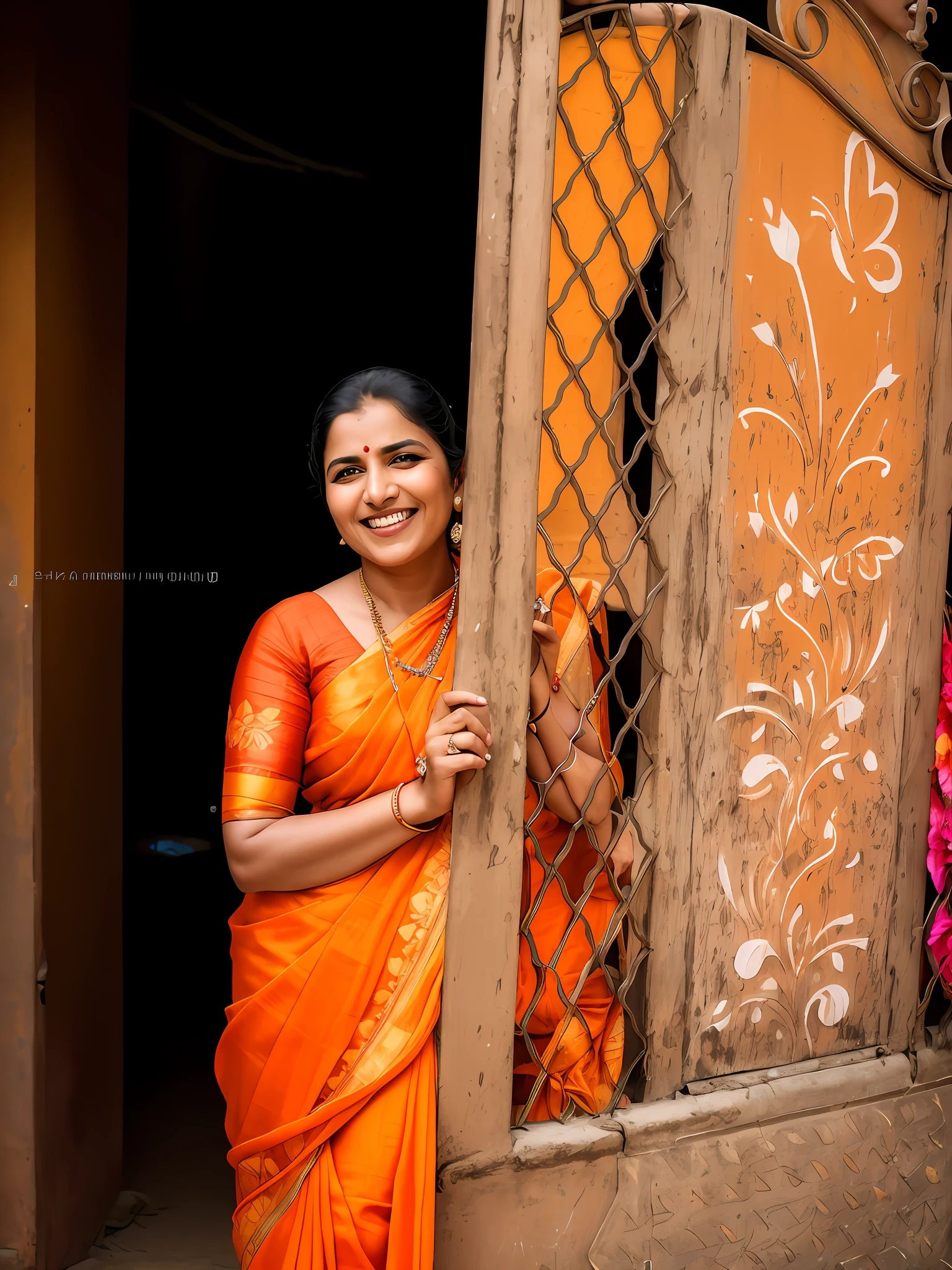 smiling woman in orange sari standing behind a gate with a painted flower design, portrait mode photo, candid photography, photo taken with canon 5d, shot on sony a 7, inspired by T. K. Padmini, shot on sony a 7 iii, shot on nikon z9, !! low contrast!!, traditional photography, with a happy expression, in a scenic background