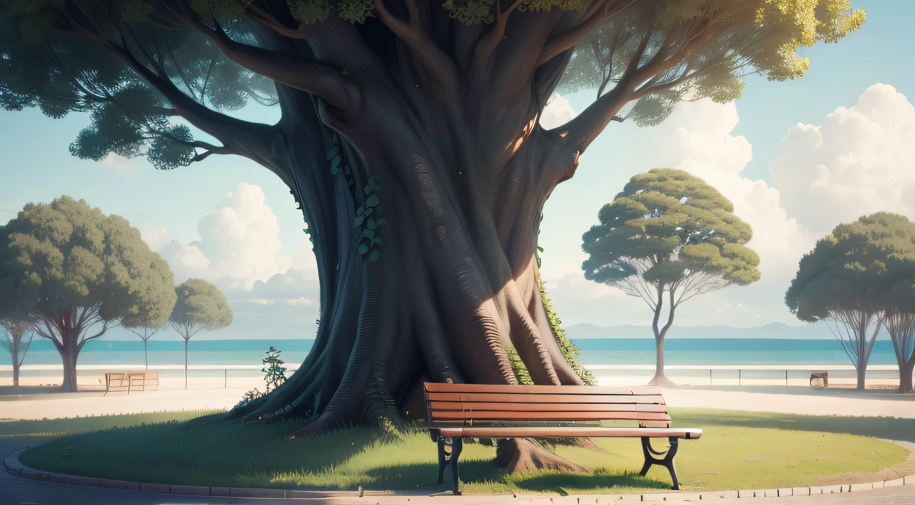 cinario, bench, arvores em volta