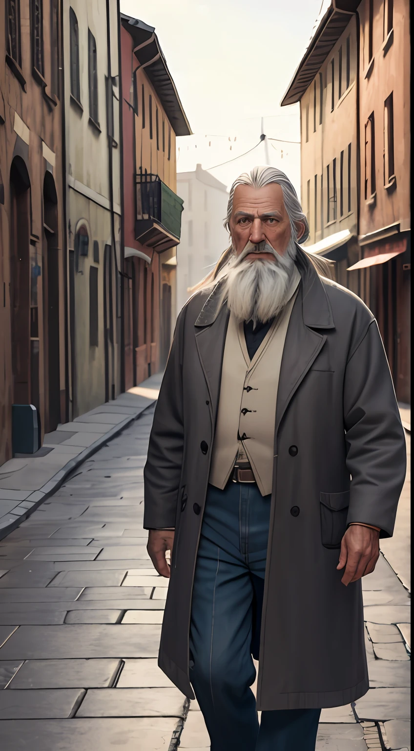 poor old man with long grey hair and beard standing in town center wearing old clothes, background town streets and buildings, original old man 1000, visual storytelling, 3D, detailed, no blur, unreal engine 5, photorealistic, high resolution, 32k quality, 4k UHD --v3 --ar 3:2 --auto