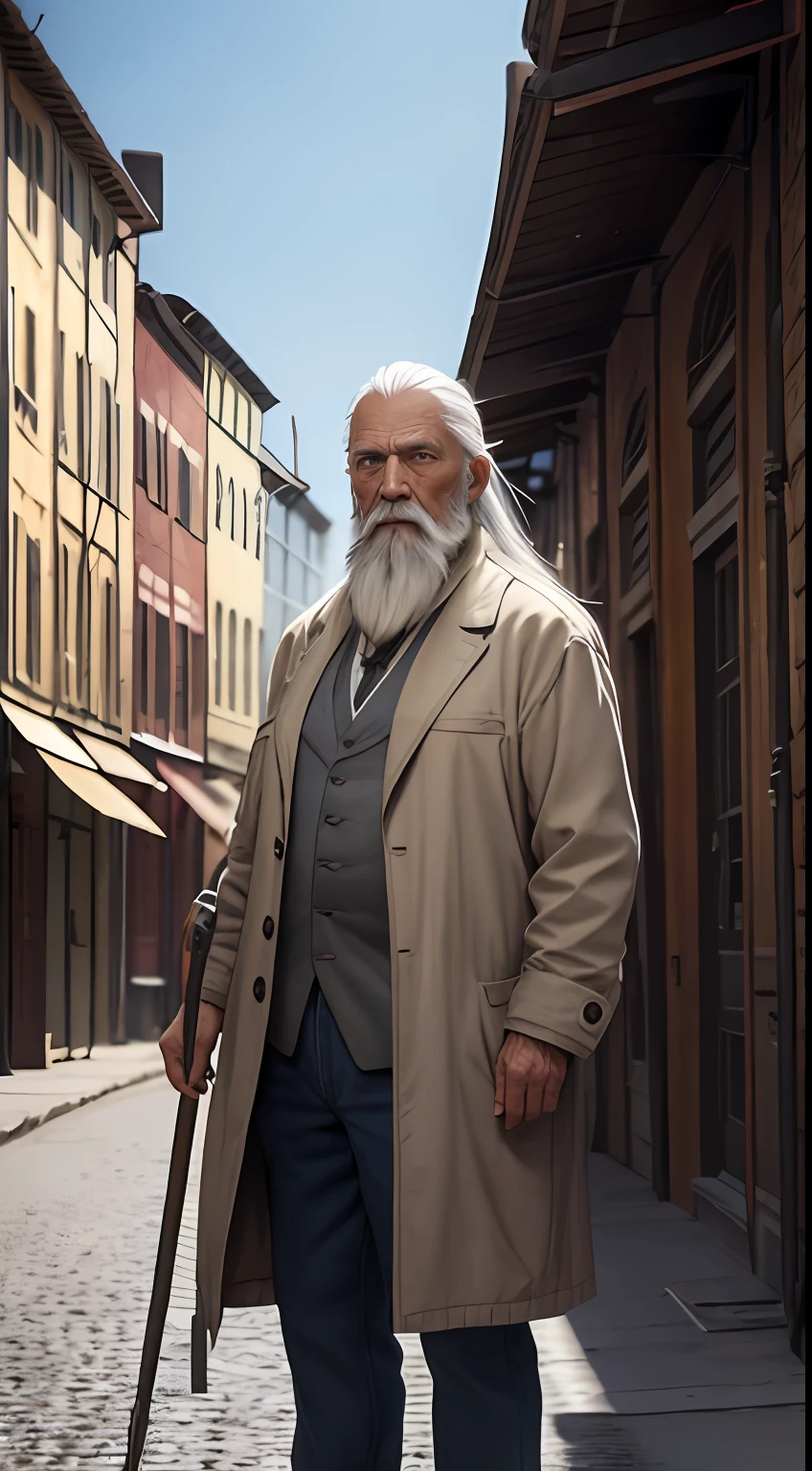 poor old man with long grey hair and beard standing in town center wearing old clothes, background town streets and buildings, original old man 1000, visual storytelling, 3D, detailed, no blur, unreal engine 5, photorealistic, high resolution, 32k quality, 4k UHD --v3 --ar 3:2 --auto