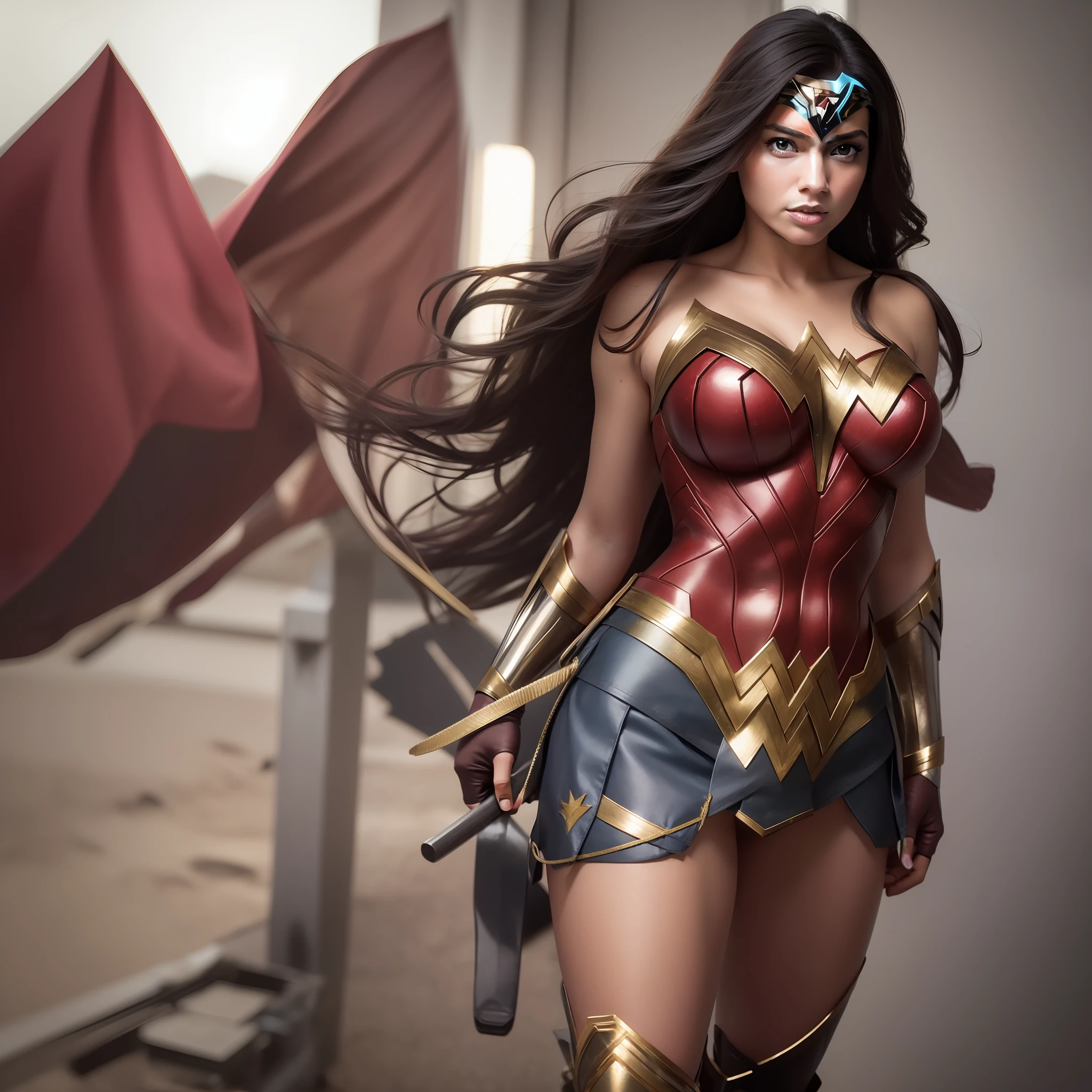 Wonderwoman, excitante, cabelo longo, cabelo preto, decote com seios amostra, corpo perfeito