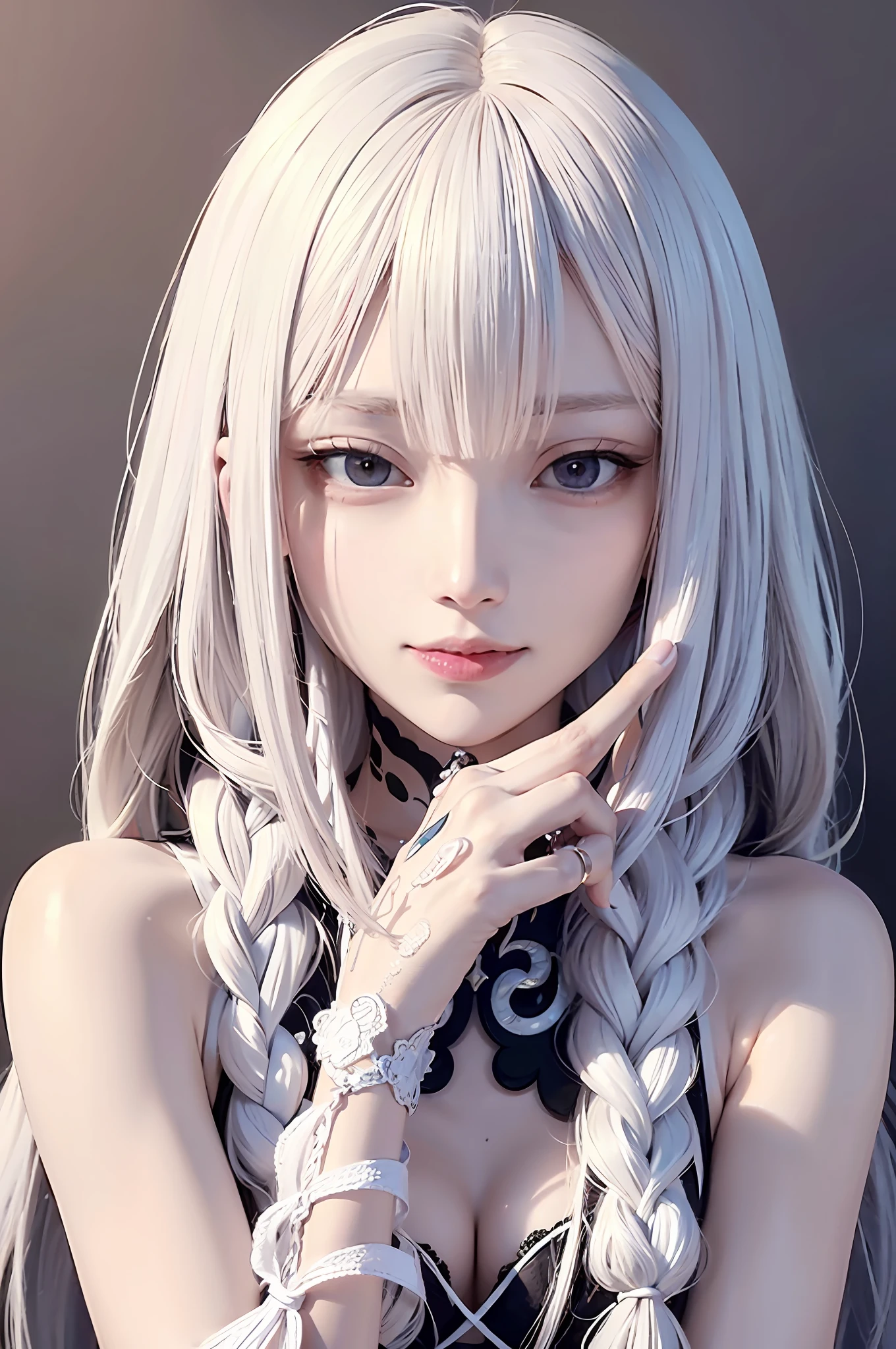 top-quality、masterpiece、8K、femele、white hair、Akame、white clothes、look up to、cowboy shot、Hair strands、light skinned、smil、Side braid、Detailed hair strands、A detailed eye、A detailed face、Detailed mouth、Detailed hand、Detailed finger、(Accurate human skeleton)、Slim body、