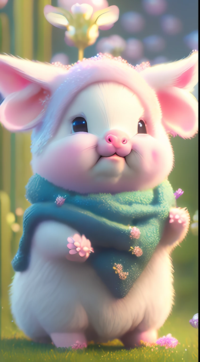 Cute and beautiful baby pig happy basking among field of flowers, blue sky, summer day, fuzzy, glossy, soft light, cinematic light, glow, pixar and disney style, bokeh, octane render, unreal 5 engine, extremely detailed, insane quality, uhd, 8k --ar 2:3 --v4 --auto