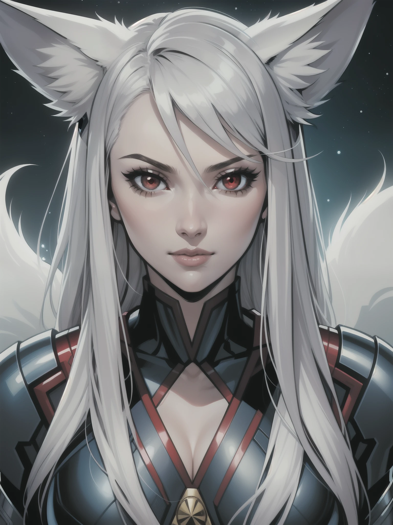 Portrait, Masterpiece, Excellent, 1girl, solo, complex details, color diffusion, comic book, anime, marvel, DC, close-up, pale skin, Kitsune, perfect body, fox ears, silver hair, red eyes, sensual attire, scientist attire, milf, elegant, Sci-Fi, Fantasy