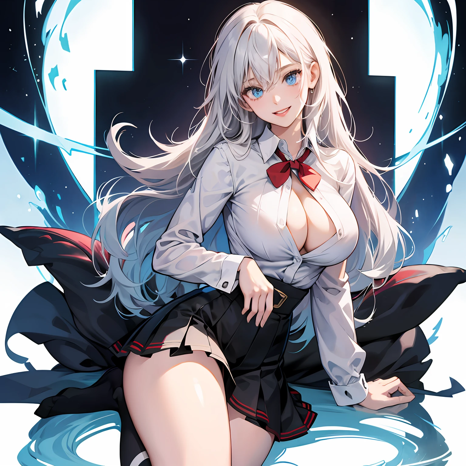 high image, super detail, high resolution, anime, manga, illustration, black knee high socks, thighs, unbuttoned white shirt, black tight miniskirt, intelligent beauty, laugh like a prankster, happy, shy, alluring moist half open red lips, ecstatic expression, amorous expression, seductive look, flowing layered messy medium short white hair, sparkling blue eyes, huge breasts, under boob, great proportion, perfect proportion, slender, full body --auto
