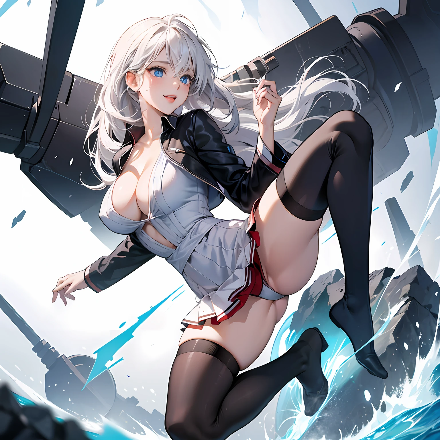 high image, super detail, high resolution, anime, manga, illustration, black knee high socks, thighs, unbuttoned white shirt, black tight miniskirt, intelligent beauty, laugh like a prankster, happy, shy, alluring moist half open red lips, ecstatic expression, amorous expression, seductive look, flowing layered messy medium short white hair, sparkling blue eyes, huge breasts, under boob, great proportion, perfect proportion, slender, full body --auto