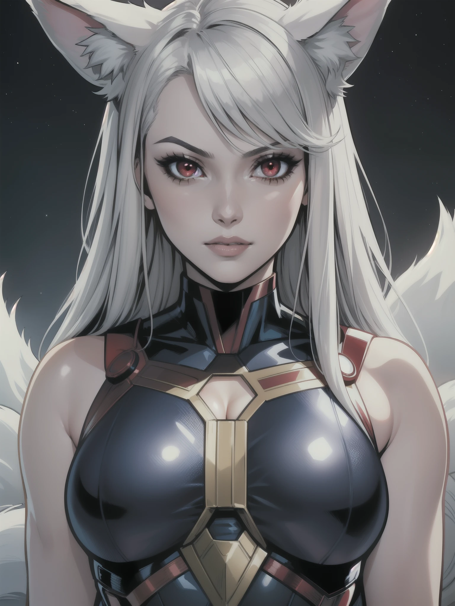 Portrait, Masterpiece, Excellent, 1girl, solo, complex details, color diffusion, comic book, anime, marvel, DC, close-up, pale skin, Kitsune, perfect body, fox ears, silver hair, red eyes, sensual attire, scientist attire, milf, elegant, Sci-Fi, Fantasy