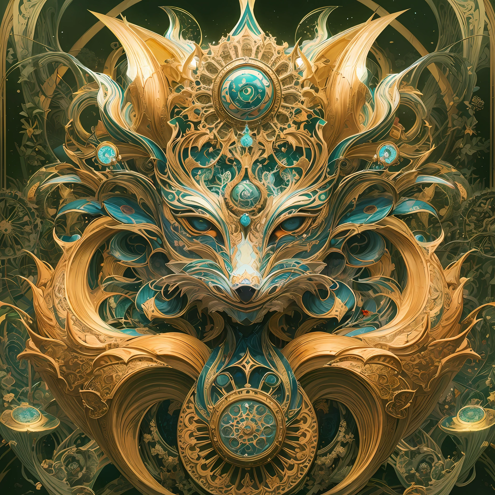 Imagine tranquil scenes inspired by Buddhist philosophy，A vibrant lotus flower stands against a background of intense yellow tones。The lotus flower symbolizes purity and enlightenment，Intricate petals bloom，emanating a sense of serenity。When you gaze deeper into the image，You will notice an arrangement similar to a mandala，The hands of the twelve-born portrait clock are placed elegantly。A fusion of Buddhist symbolism with astrological elements，a harmonious integration，Invites contemplation and a sense of eternal connection。(The sculpture is surrealist and realist: 1.5), (Shaman's DMT halo，Wear a transparent helmet，Brain prominence: 1.4), (Metal wings: 1.2), (Fox futuristic mask: 1.2), (Internet pop kawaii fractal art: 1.6), (The art style of Tobias Gramller，Smooth and dynamic shape: 1.6), (Organic geometric mixture: 1.6), (The shaman's head reflects happiness in a surreal way as a state of mind and state of mind:  1.2), (mask creates motion and warping in light: 1.3), (Ultra-high resolution: 1.4), (ray traced lighting: 1.4), (subsurface scattering skin: 1.2), (particle fx: 1.4), (Depth of field: 1.4), (geometric-dotist abstraction: 1.6), (generative fluid fractal algorithm: 1.6).