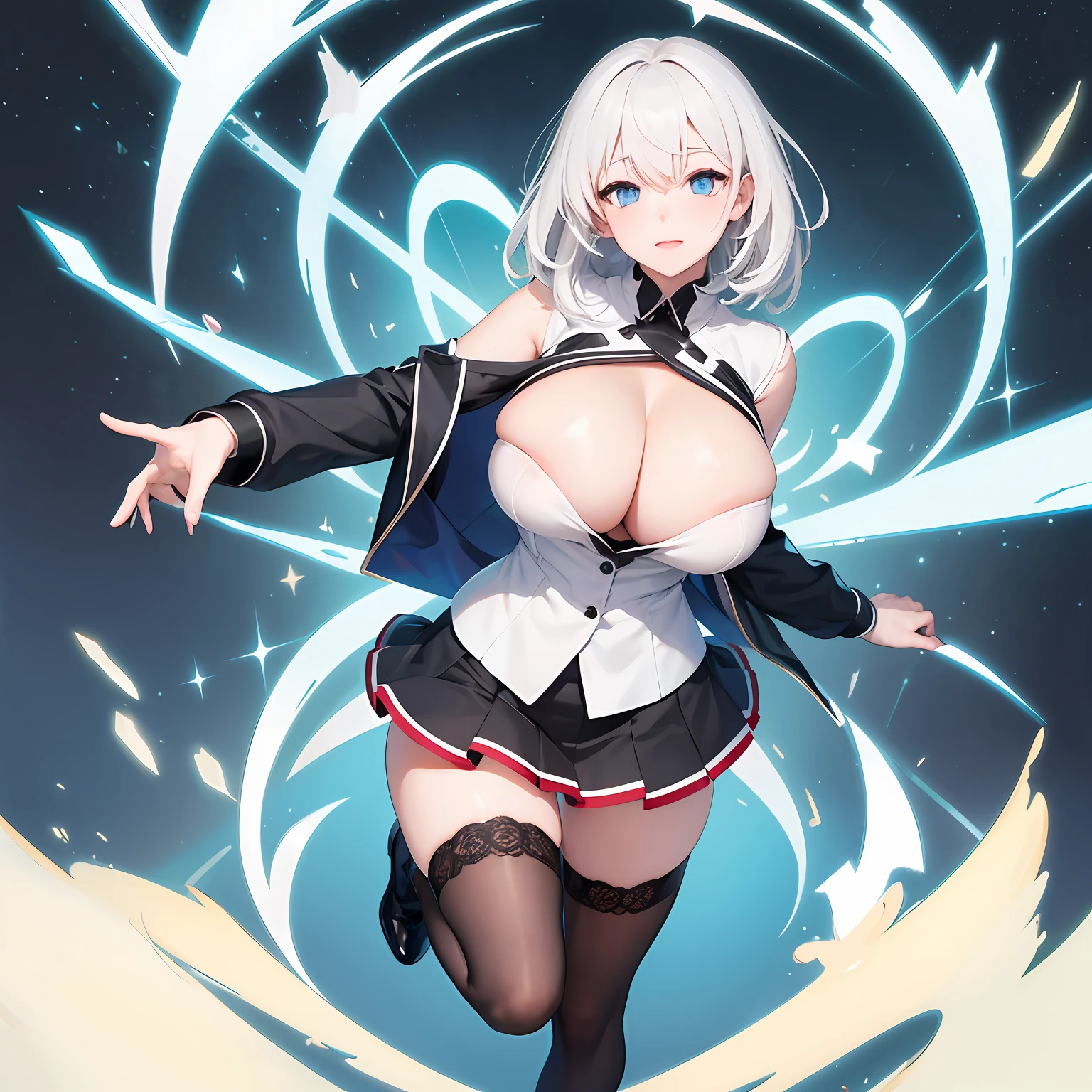 High image, Super Detail, High resolution, Anime, Manga, Illustration, Black Knee High Socks, thighs thighs thighs thighs, Unbuttoned white shirt, Black tight , Intelligent beauty, Laugh mischievously, Happy, Shy,  moist ajar red lips, Ecstatic expression, Amorous expression,  look, Flowing layered Messy medium short white hair, Sparkling blue eyes, , under the , great proportion, perfectly proportions, slender, Full body --auto
