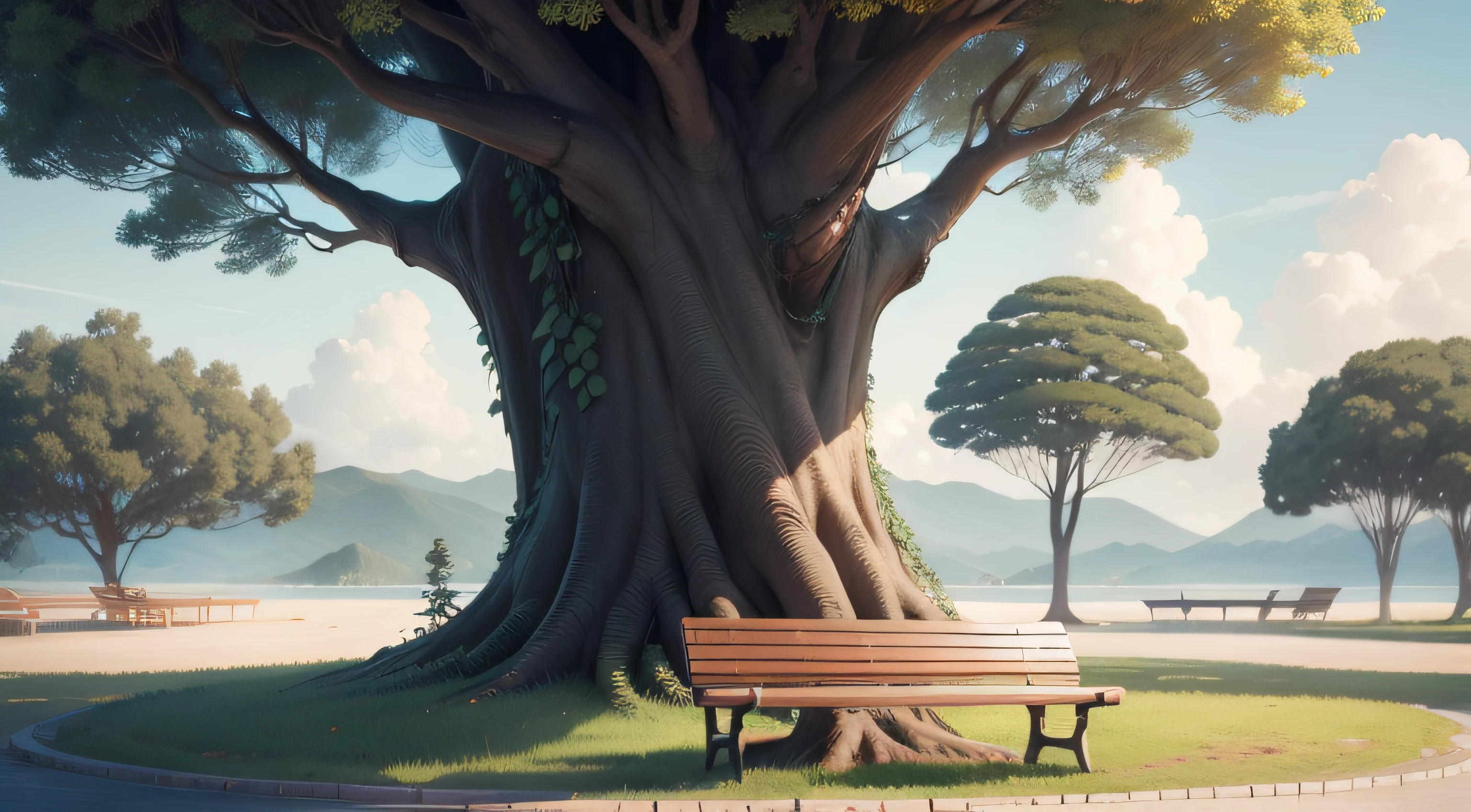 cinario, bench, arvores em volta
