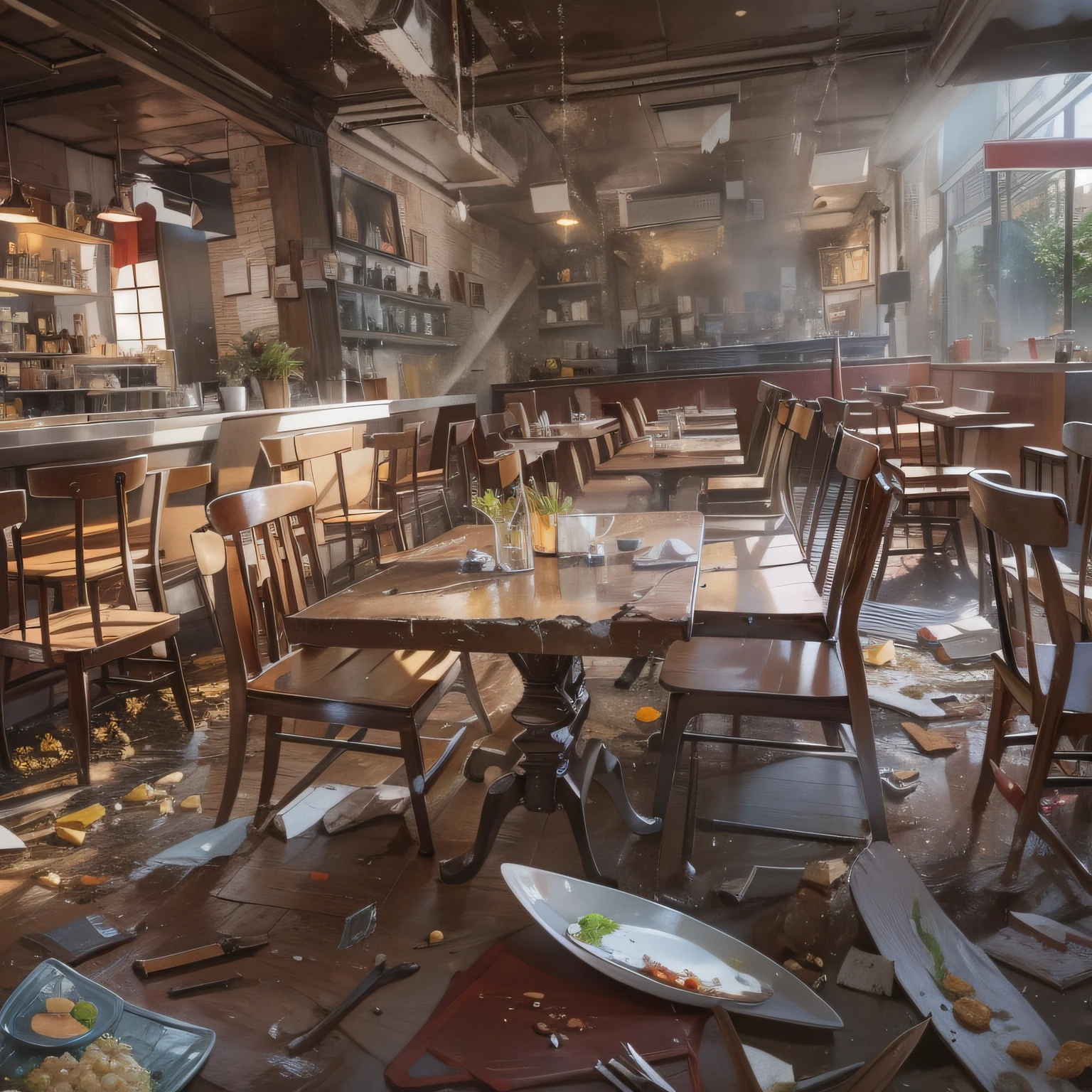 A restaurant that was smashed into a mess,glass breaking,Tables and chairs collapsed,Food splashes,grand master,tmasterpiece,8k wallpaper,CG,Ultra-high image quality,light and shadow effect