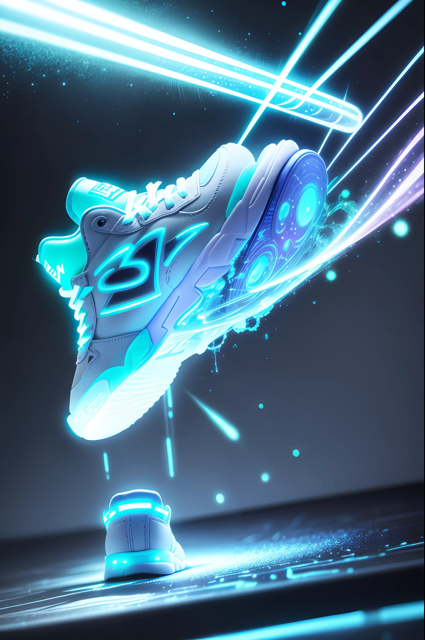 sneakers, bioluminescent, bright luminescence white light, made out of light beams, bubbles, particles, sparkles, glitch --v 4 --auto