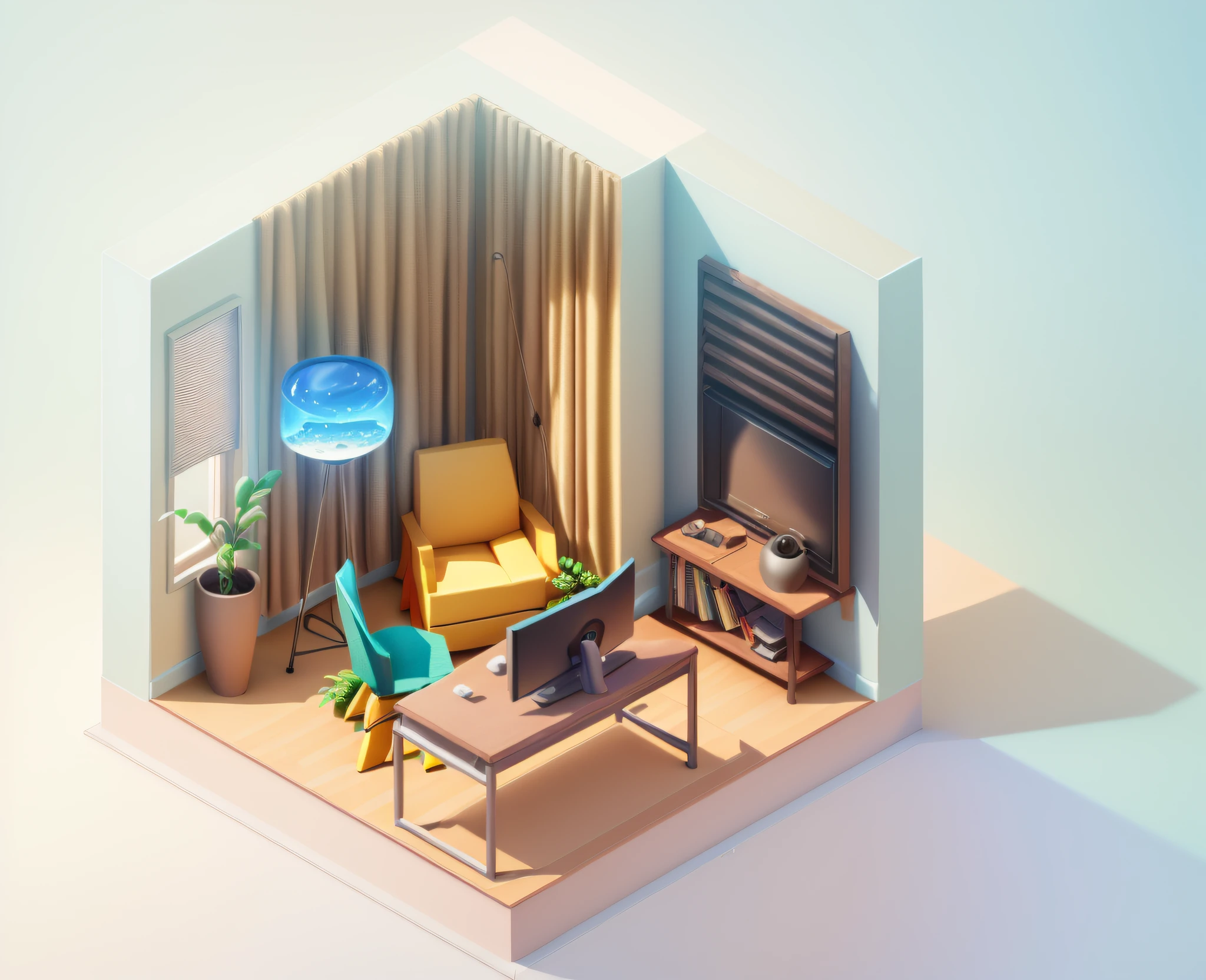 (Isometric perspective:1.5),(Pixar style:1.2), Room, bed, sofa,(small bonsai:0.8),desk lamp, TV, mural, 3D,Disney,Panoramic photo,White background, solid background,Global illumination, raytracing, modeling,HDR,octane render,unreal render,behance,dribbble,artstation,best quality, 8k,