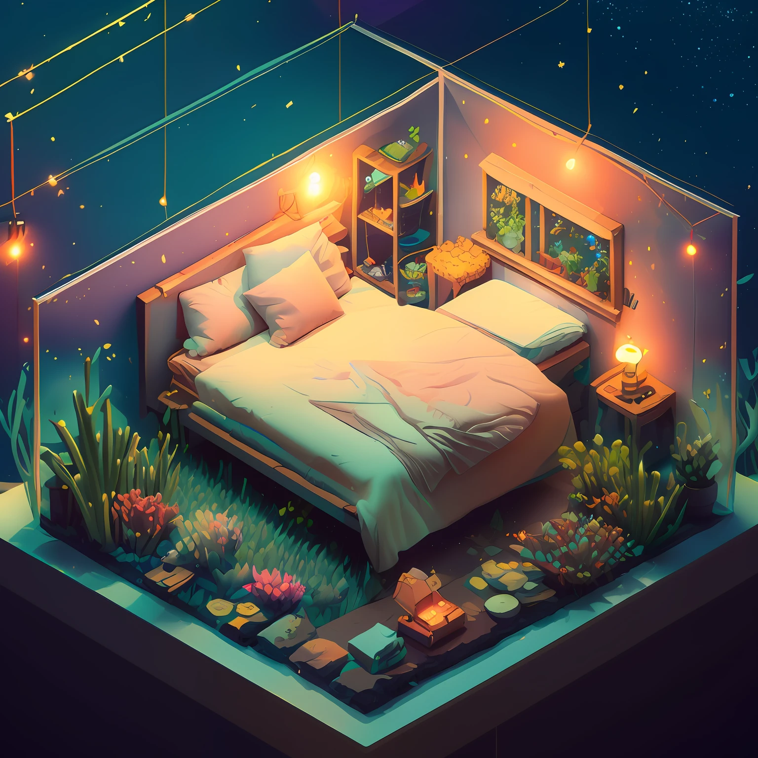 wide wide shot,A room with a bed and a table,low poly render,Inspired by Cyril Rolando,pixelart,Beautiful isometric garden,Underwater in the ocean at night,small and cosy student bedroom,Inside the children's bedroom,organic isometric design,portfolio illustration,Lovely detailed artwork,Buzzer rendering,blurry and dreamy illustration