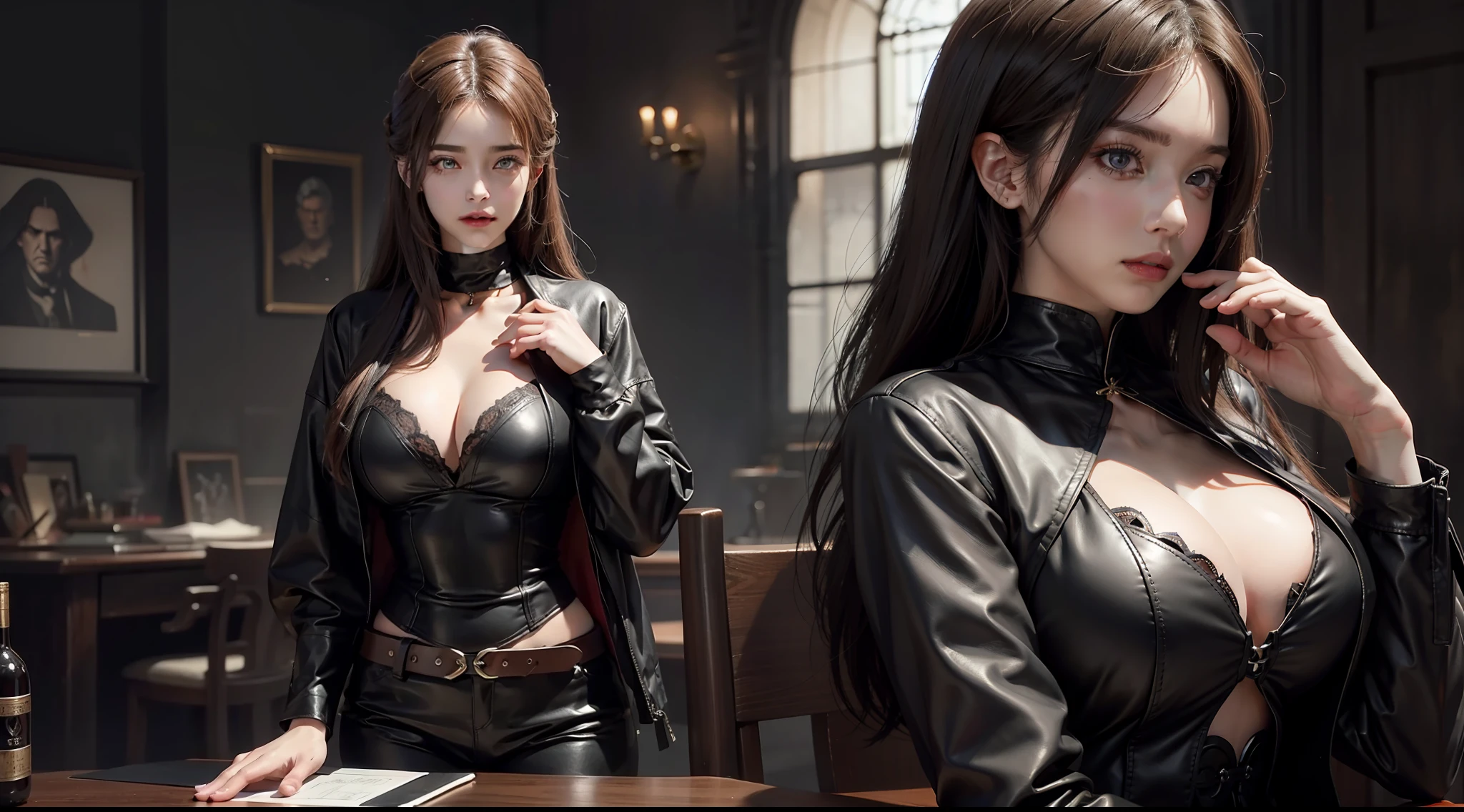 (Award-winning digital artwork:1.3) af (sketching:1.3),(with dynamism:1.3),(Saturation:1.3),(Close portrait:1.3),(femele:1.4),(big breasts beautiful: 1.4),(carismatic:1.3),Mature and lazy woman,eye glass,Perfect Detailed Eyes,studiolight,Theme,Mature woman,Gangster style,Large breasts,Leather clothes,complex patterns,magia,Film filter, ,dramatics,dynamicposes,illusory engine, (High detail: 1.9),