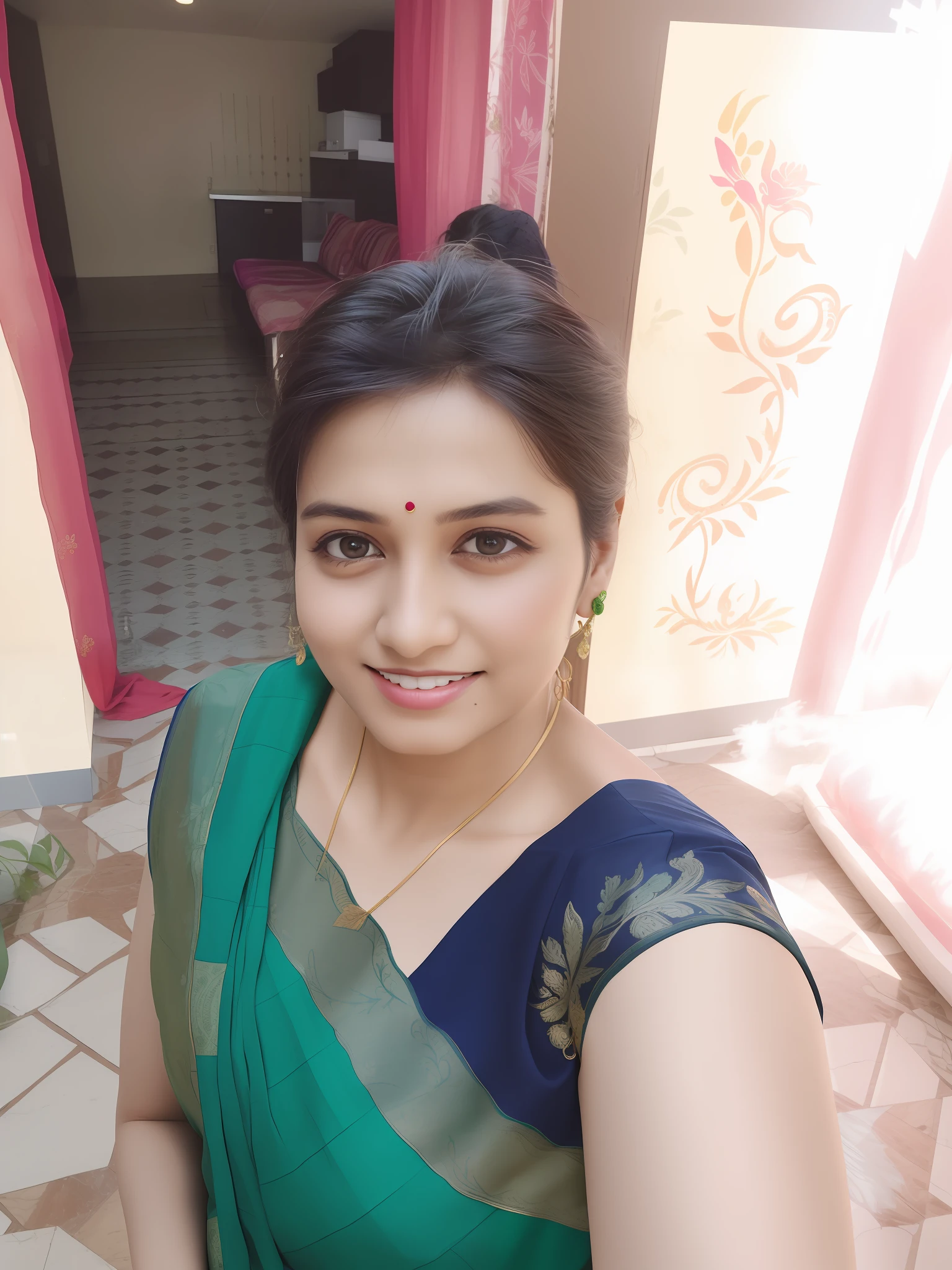 there is a woman in a green sari posing for a picture, 30 years old woman, 3 0 years old woman, vastayan, selfie photo, indian, about 3 , photo of a woman, front profile!!!!, around 1 9 years oldmage, 3 0 years woman, photo taken in 2 0 2 0, 2 7 years old