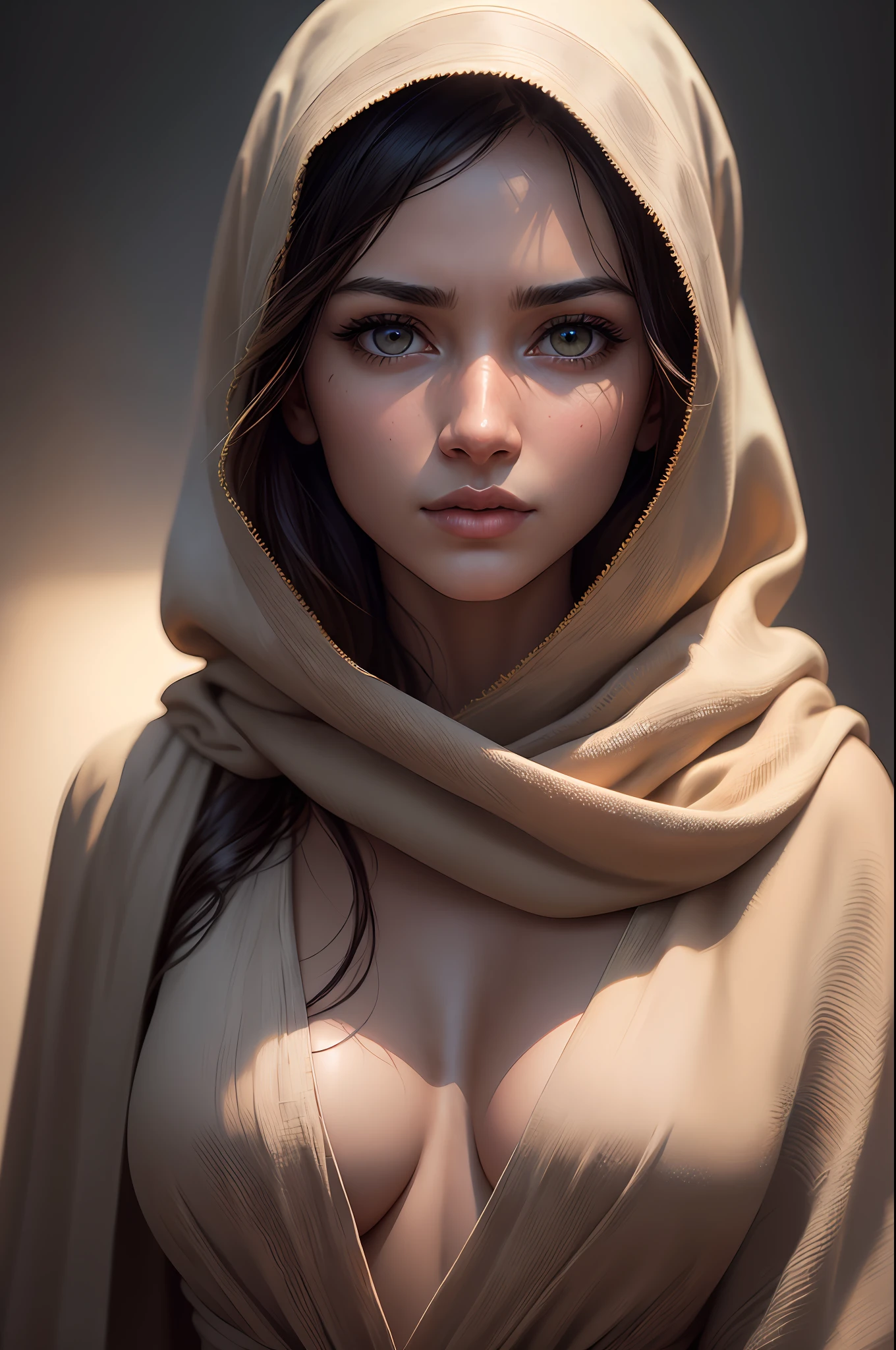 a photorealistic portrait of a stunningly beautiful young woman without make-up, extremely detailed light hazel eyes, detailed symmetric realistic face, messy hair, wearing shawl over her head, masterpiece, absurdres, award winning photo by lee jeffries, nikon d850 film stock photograph, kodak portra 400 camera f1.6 lens, extremely detailed, amazing, fine detail, rich colors, hyper realistic lifelike texture, dramatic lighting, unrealengine, trending on artstation, cinestill 800 tungsten, looking at the viewer, photo realistic, RAW photo, TanvirTamim, high quality, highres, sharp focus, extremely detailed, cinematic lighting, 8k uhd --v4 --auto