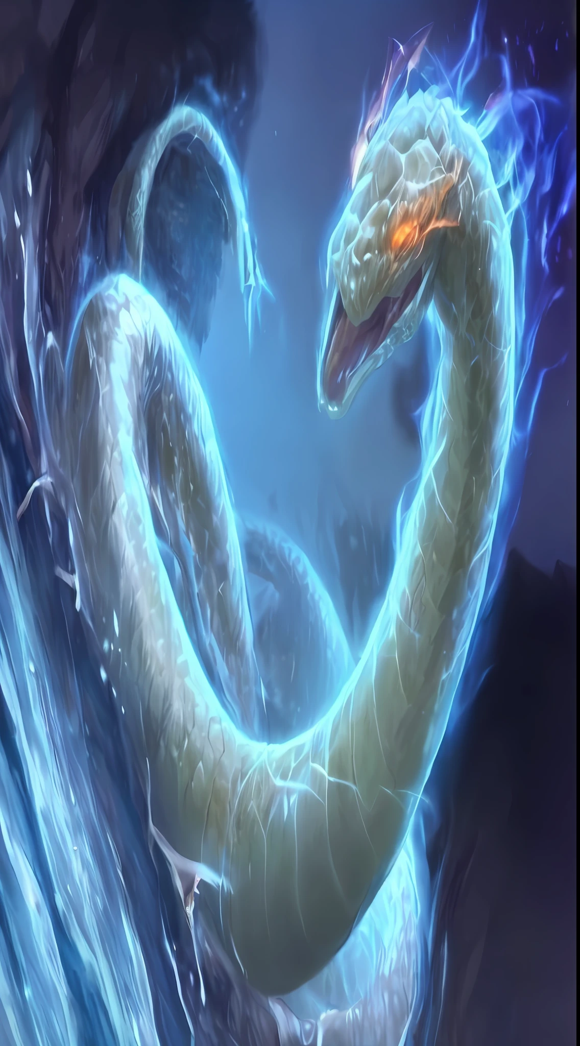 A closeup of a snake with a fire on its head, serpentine water monster, ethereal eel, the hydra from path of exile, jörmungandr, Jormungandr, serpentee do mar, great mystical winged serpent, Naga-Tirr, Retrato de uma serpentee sagrada, hidra, serpente, ouroboros, Scylla and Charybdis in Greg Rutkowski style