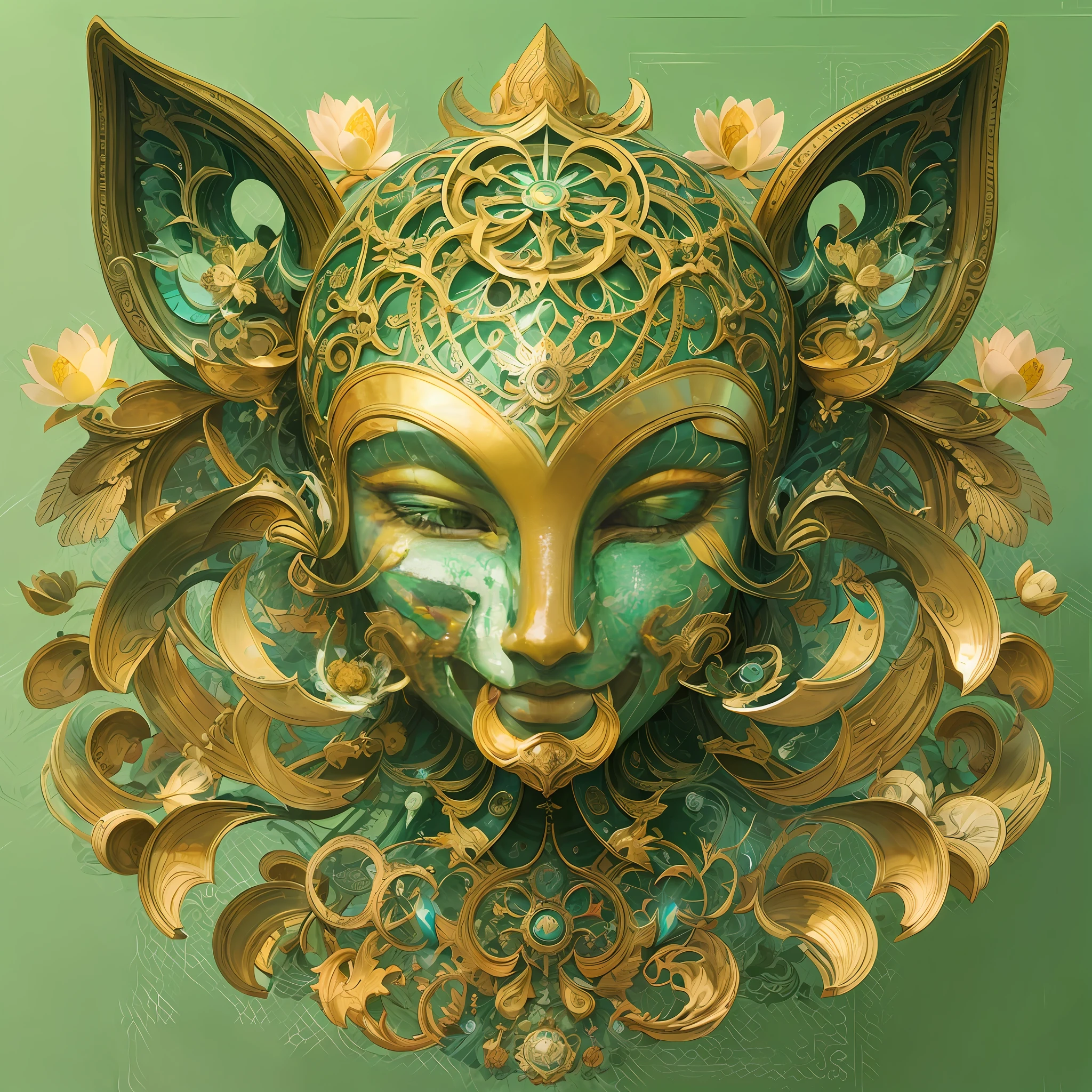 Imagine tranquil scenes inspired by Buddhist philosophy,A vibrant lotus flower stands against a background of intense yellow tones。The lotus flower symbolizes purity and enlightenment,Intricate petals bloom,emanating a sense of serenity。When you gaze deeper into the image,You will notice an arrangement similar to a mandala,The hands of the twelve-born portrait clock are placed elegantly。A fusion of Buddhist symbolism with astrological elements,a harmonious integration,Invites contemplation and a sense of eternal connection。(The sculpture is surrealist and realist: 1.5), (Shaman's DMT halo,Wear a transparent helmet,Brain prominence: 1.4), (Metal wings: 1.2), (Fox futuristic mask: 1.2), (Internet pop kawaii fractal art: 1.6), (The art style of Tobias Gramller,Smooth and dynamic shape: 1.6), (Organic geometric mixture: 1.6), (The shaman's head reflects happiness in a surreal way as a state of mind and state of mind: 1.2), (mask creates motion and warping in light: 1.3), (Ultra-high resolution: 1.4), (ray traced lighting: 1.4), (subsurface scattering skin: 1.2), (particle fx: 1.4), (Depth of field: 1.4), (geometric-dotist abstraction: 1.6), (generative fluid fractal algorithm: 1.6).