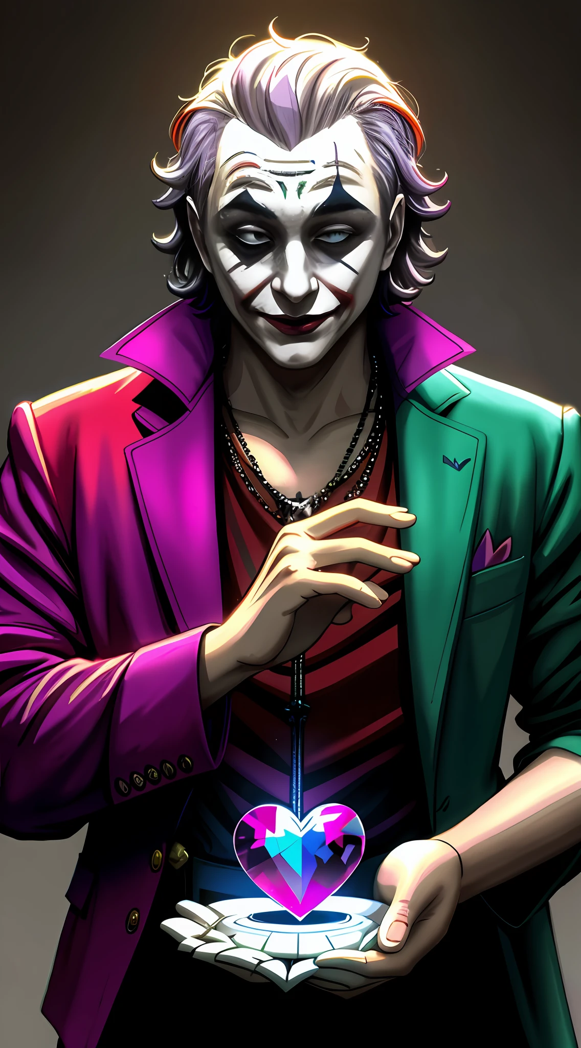 jocker\(Joker 2019\)，Epic，realisticlying，Faded，com cores neutras，((((hdr))))，((((pastel colour))))，intricate scene，art  stations，ultra - detailed，Cinema lenses，Warm lighting，dramatic lights，Complicated details，vignet，the complex background，[[Teal and orange]]，Guanyin Buddha statue gray atmosphere，Holding a crystal glass diamond glowing heart in his hand，Red delicate and clear heart，Glowing heart，A hazy aura emanates around the heart, Deep, Dreamy light