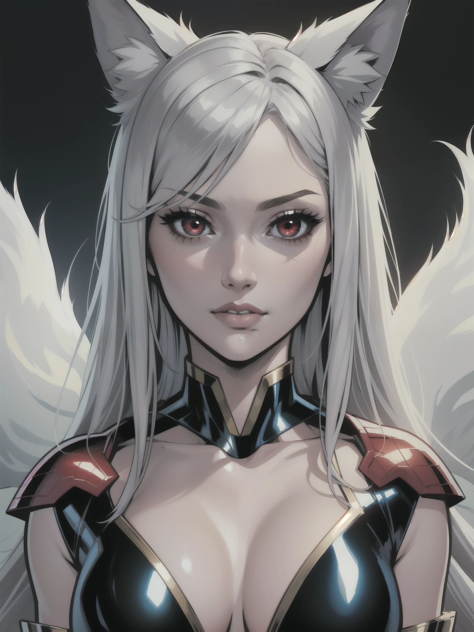 Portrait, Masterpiece, Excellent, 1girl, solo, complex details, color diffusion, comic book, anime, marvel, DC, close-up, pale skin, Kitsune, perfect body, fox ears, silver hair, red eyes, sensual attire, scientist attire, milf, elegant, Sci-Fi, Fantasy