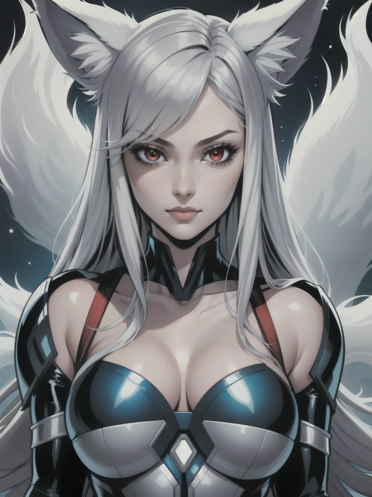 Portrait, Masterpiece, Excellent, 1girl, solo, complex details, color diffusion, comic book, anime, marvel, DC, close-up, pale skin, Kitsune, perfect body, fox ears, silver hair, red eyes, sensual attire, scientist attire, milf, elegant, Sci-Fi, Fantasy