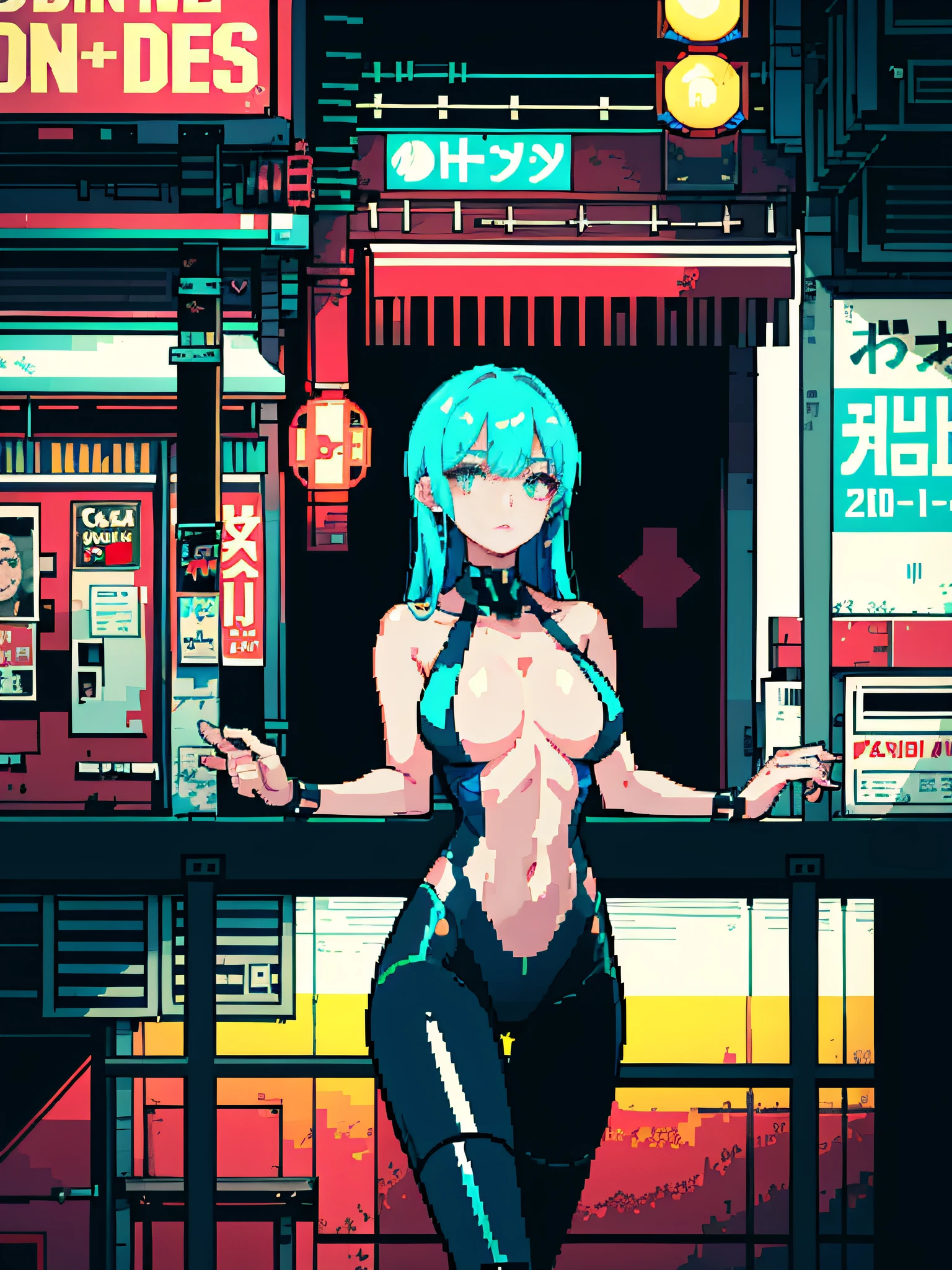 Balcony background,World-weary face,Neon lights at night,A gentle breeze ruffles the hair,Big-breasted beauty,Nudity sexy,cyber punk perssonage