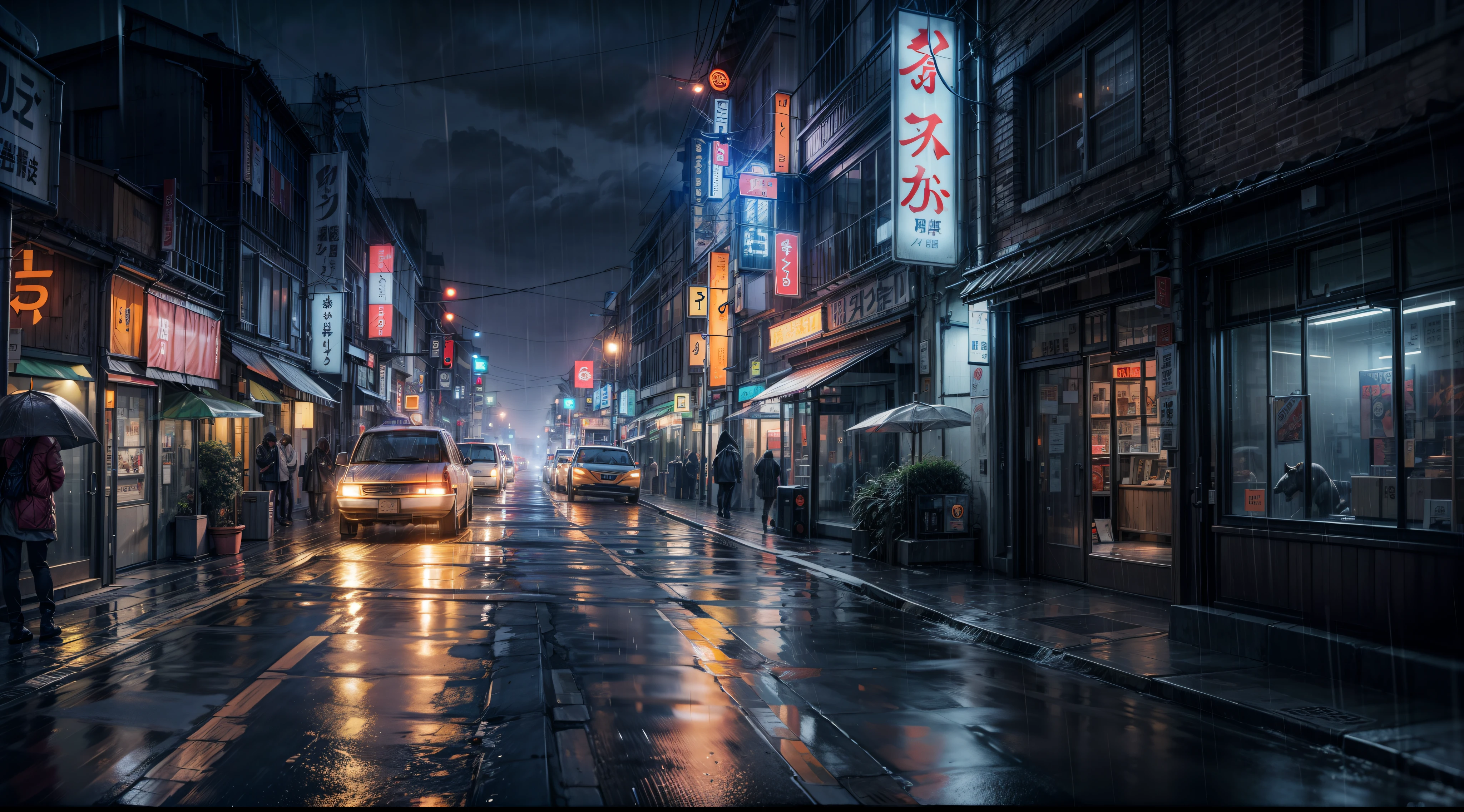downtown Tokyo at night in the rain, fog, smog, rain, night, dark, one light, photorealism, photorealistic, cinematic light, dramatic,street view
