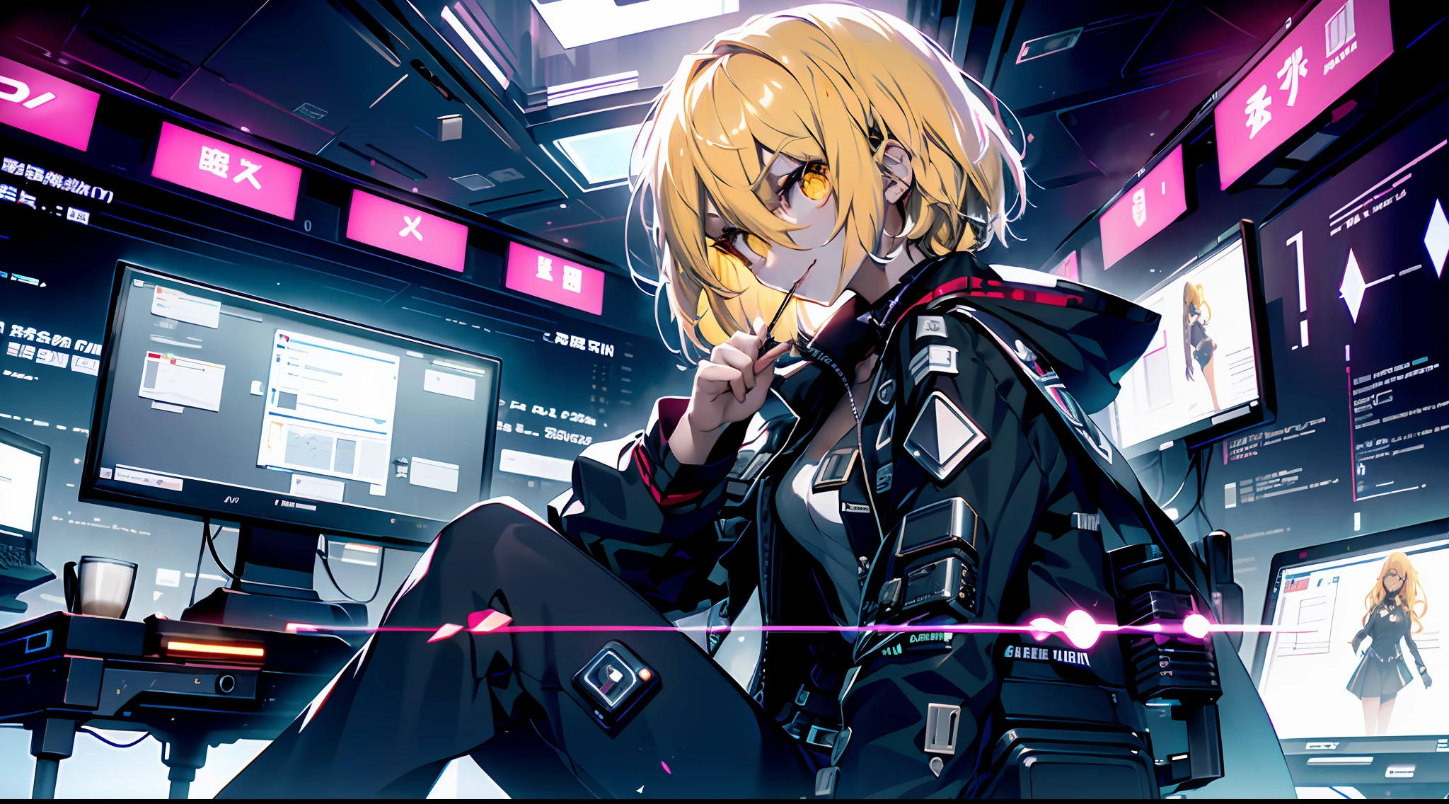 ((Best quality)), ((masterpiece)), (highly detailed:1.3), 3D,NeonNoir, one girl, solo, small chest, black office pants, side view, beautiful cyberpunk girl, girl is looking in computer, sitting, lollipop in mouth, (wearing head-mounted display that is chunky and hi-tech:1.2),wearing a cape, girl with blonde gair and golden eyes, smug smirk, hacking a computer terminal,PURPLE NEON LIGHT FROM MONITOR, GREEN NEON SIGNS ON THE WALL,