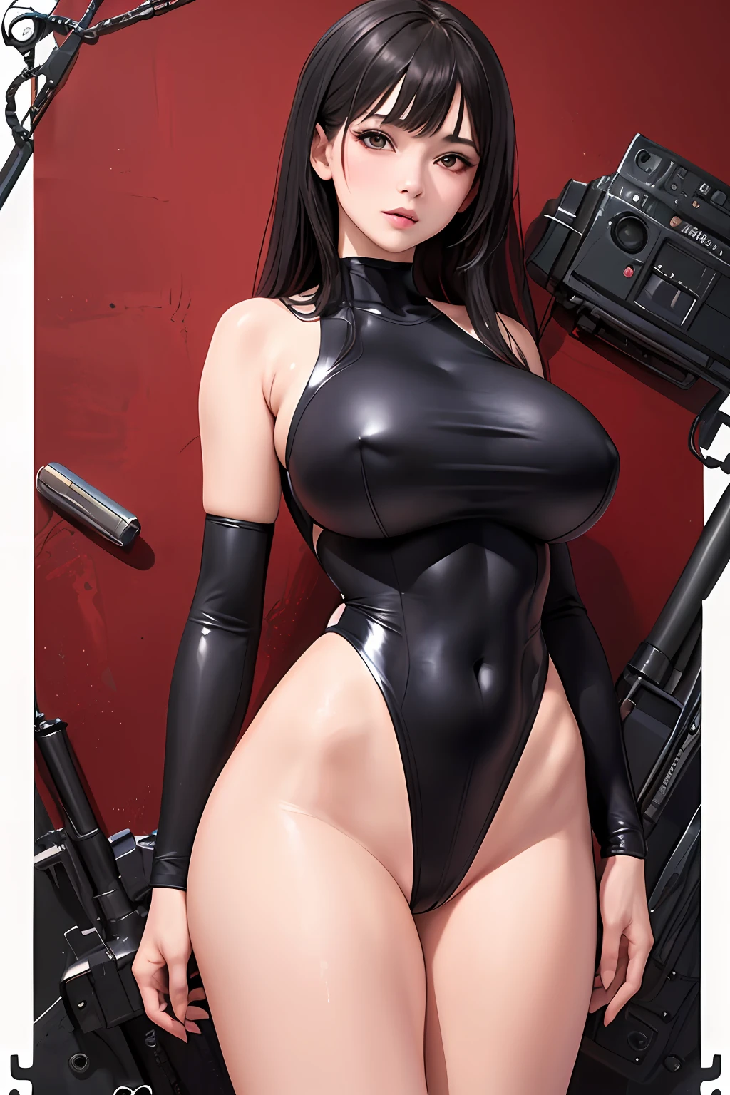 (masterpiece、top-quality、top-quality、Official art、Beautifully Aesthetic:1.2)、(1girl in:1.3)、ighly detailed、highestdetailed、A dark-haired、(leotard swimsuit:1.2)、(shinny skin)、(Many colors:1.4)、(((Colossal tits)))、large full breasts、Sheer areol