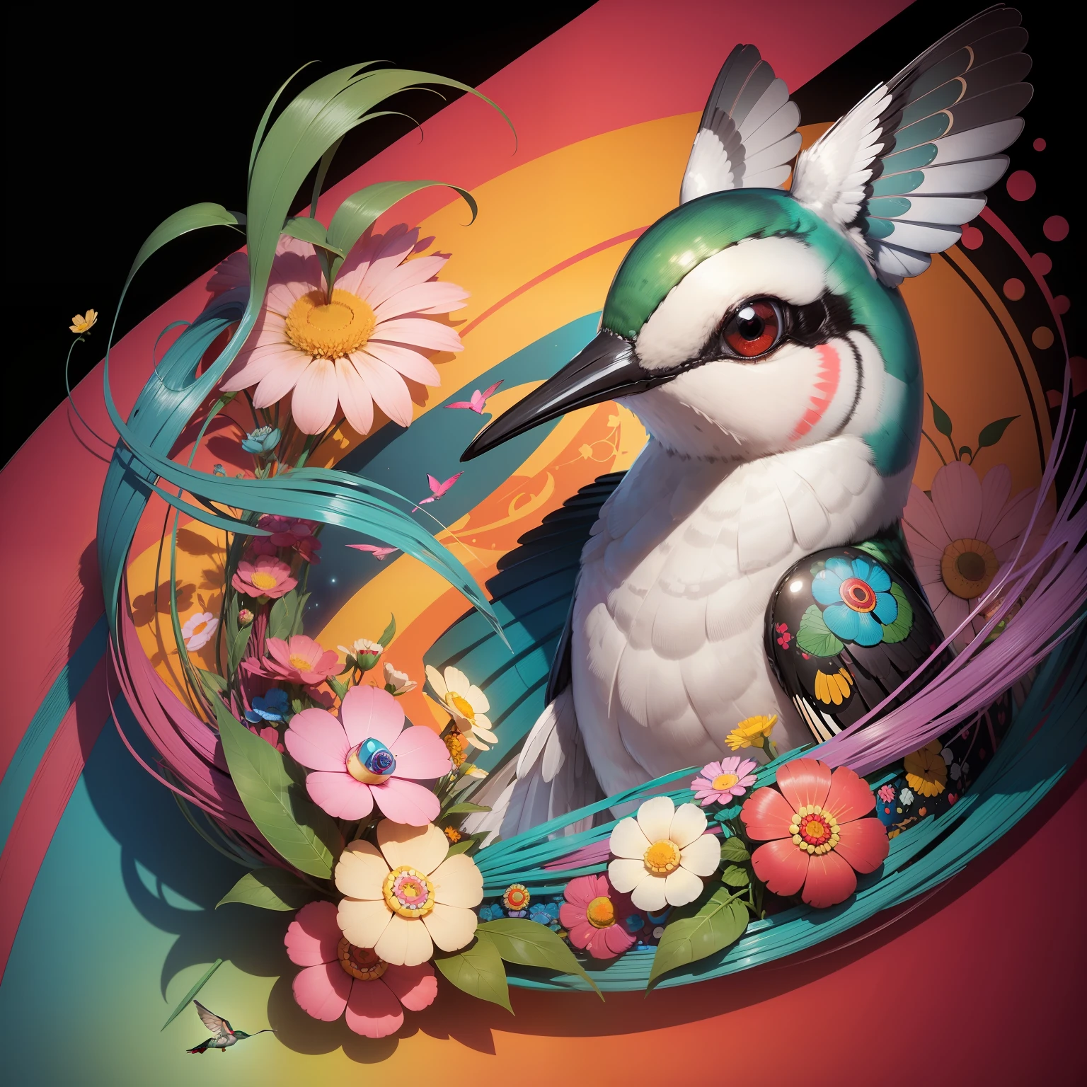 (A hummingbird) retratado por Takashi Murakami ,High definition 32 K ,detalhes ,muito colorido,fundo oriental,detalhes