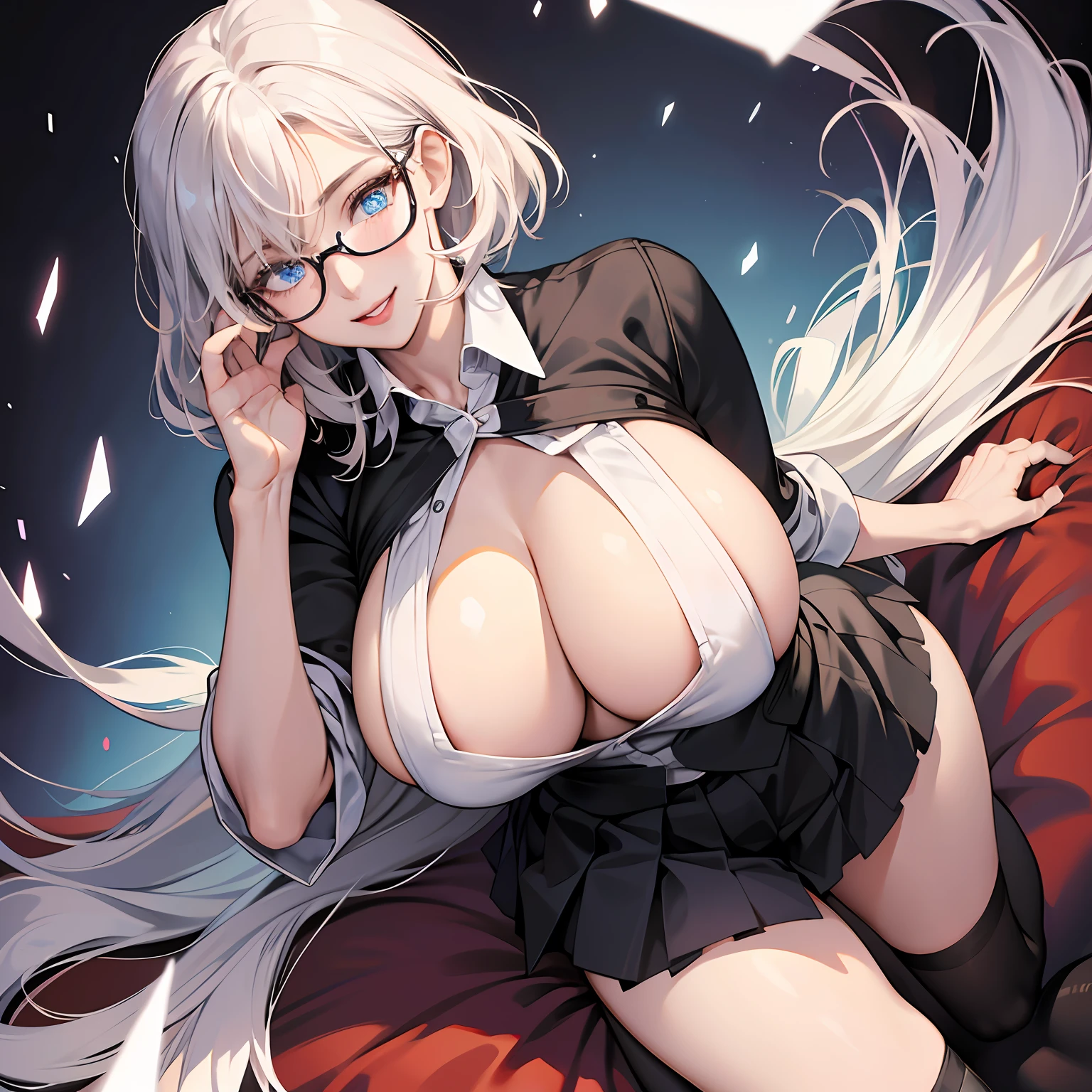 high image, super detail, high resolution, anime, manga, illustration, black knee high socks, thighs, unbuttoned white shirt, black tight miniskirt, glasses, intelligent beauty, laugh like a prankster, happy, shy, alluring moist half open red lips, ecstatic expression, amorous expression, seductive look, flowing layered messy medium short white hair, sparkling blue eyes, huge breasts, under boob, great proportion, perfect proportion, slender, full body --auto