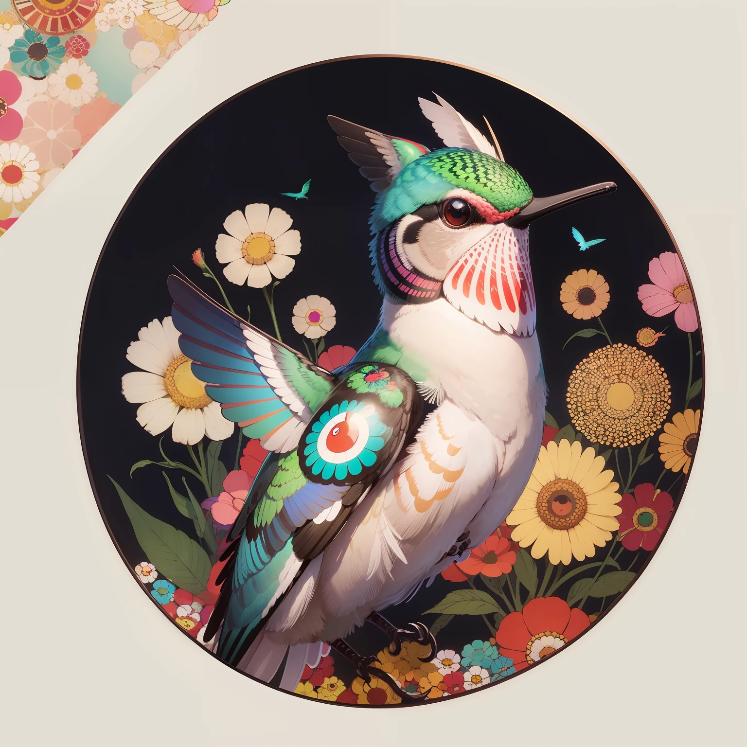 (A hummingbird) retratado por Takashi Murakami ,High definition 32 K ,detalhes ,muito colorido,fundo oriental,detalhes